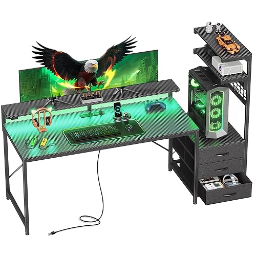 PRAISUN 61.7" Gaming Desk with LED Lights & Outlets, Computer Desk with 3 Fabric Drawers, PC Desk with PC Case Stand & Movable Storage Shelves, Monitor Stand, Reversible, Carbon Fiber Black - 61 inch - Carbon Fiber Black