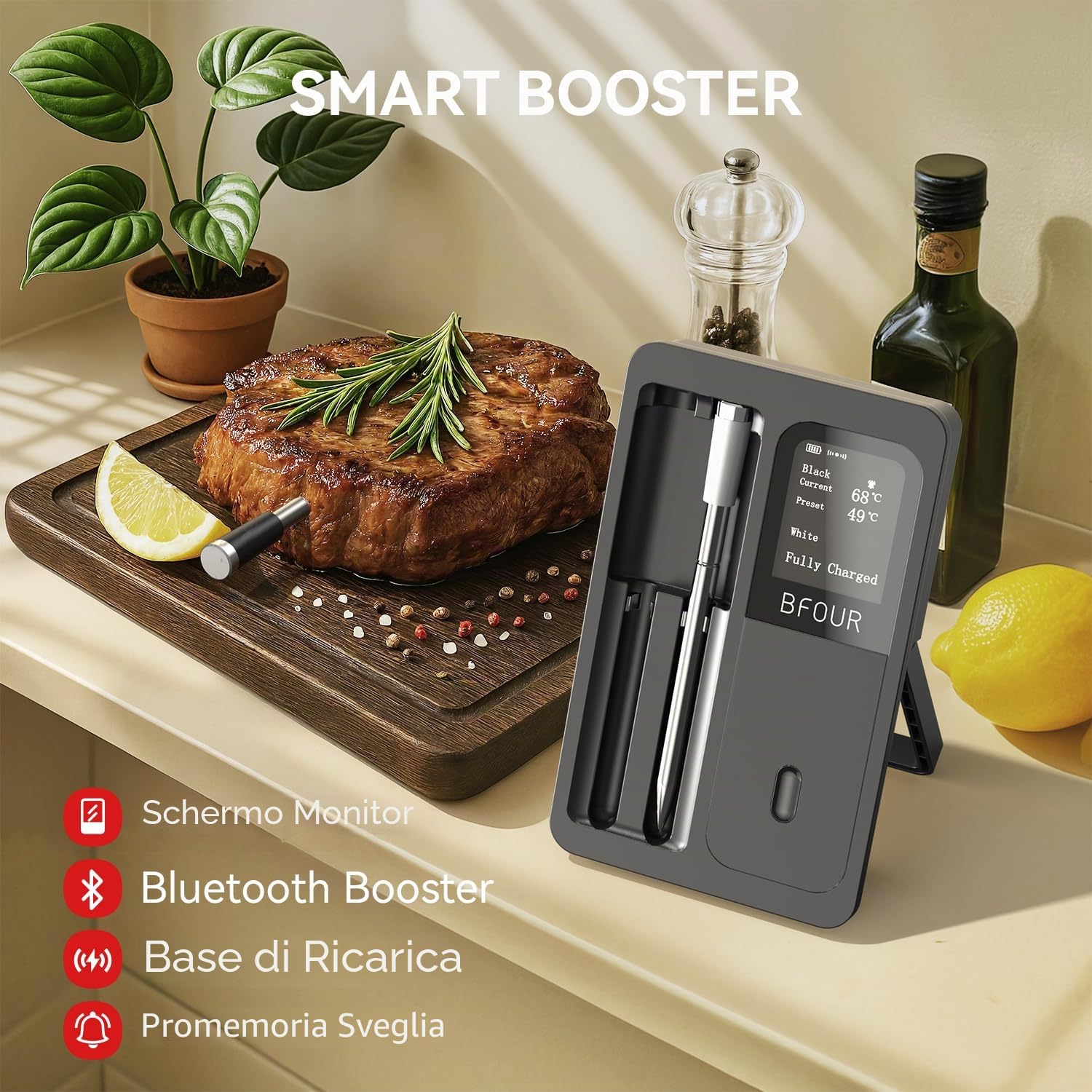 BFOUR Termometro per carne senza fili con 2 sonde, termometro Bluetooth con Smart Base, display LCD, controllo APP, termometro digitale per forno, barbecue, affumicatore, aggiornamento Ver.