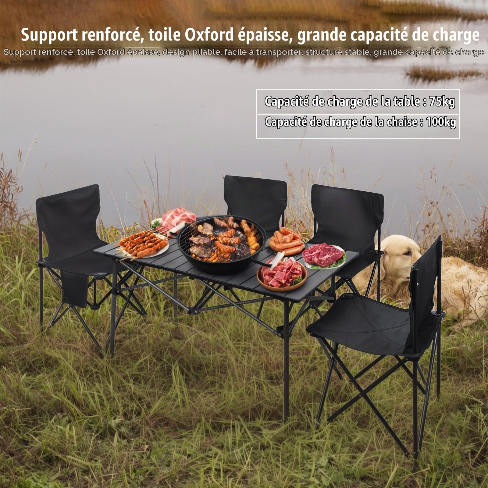 Ensemble Table et 4 Chaises Pliantes, Tables de Jardin Pliante Camping, Set 1 Table + 4 Chaises Pliantes Extérieur en Métal, Facile à Nettoyer, 75kg Capacité Noir Surdimensionné