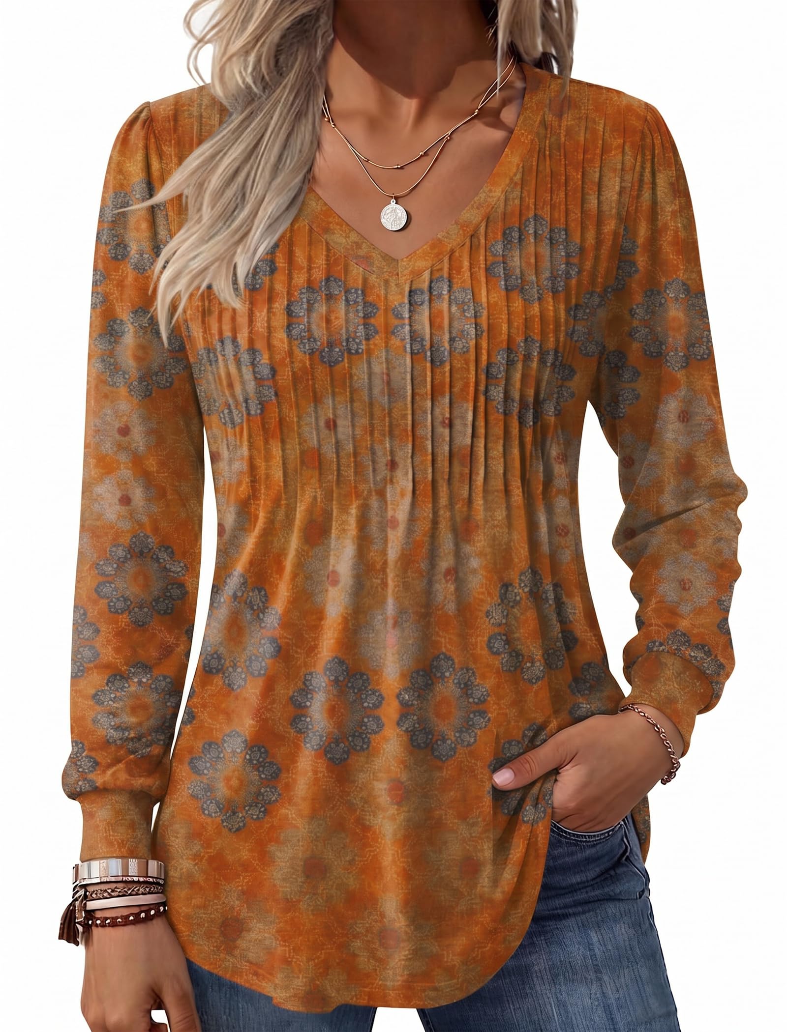 Zeagoo Long Sleeve Shirts for Women Casual V Neck Top Pleated Floral Boho Blouses 2025 Fall Tunics