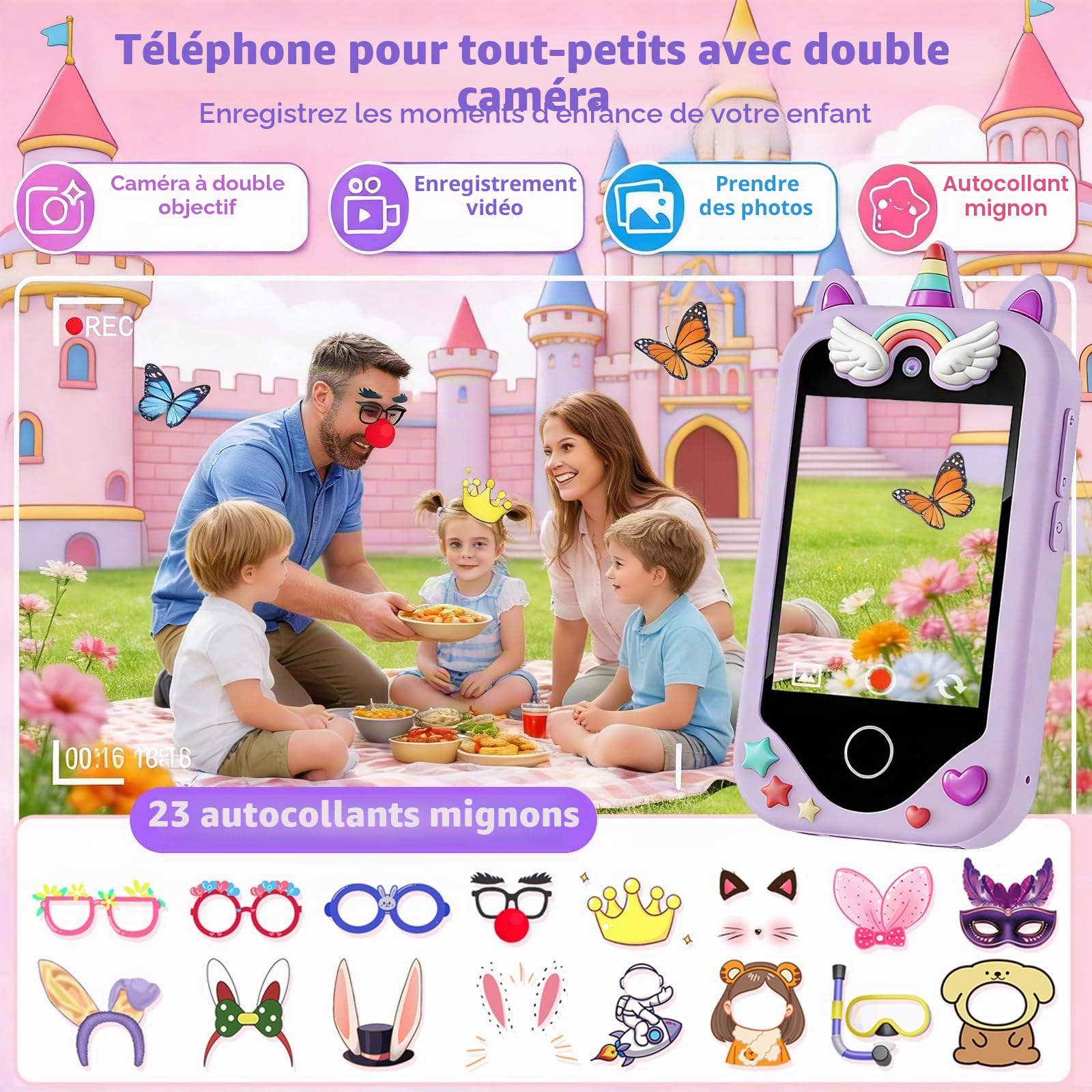 Smartphone pour enfants pour filles, téléphone enfant jouet avec écran tactile, cadeau d'anniversaire de Noël pour enfants de 3 à 8 ans, double caméras, apprentissage, lecteur de musique, jeux, violet
