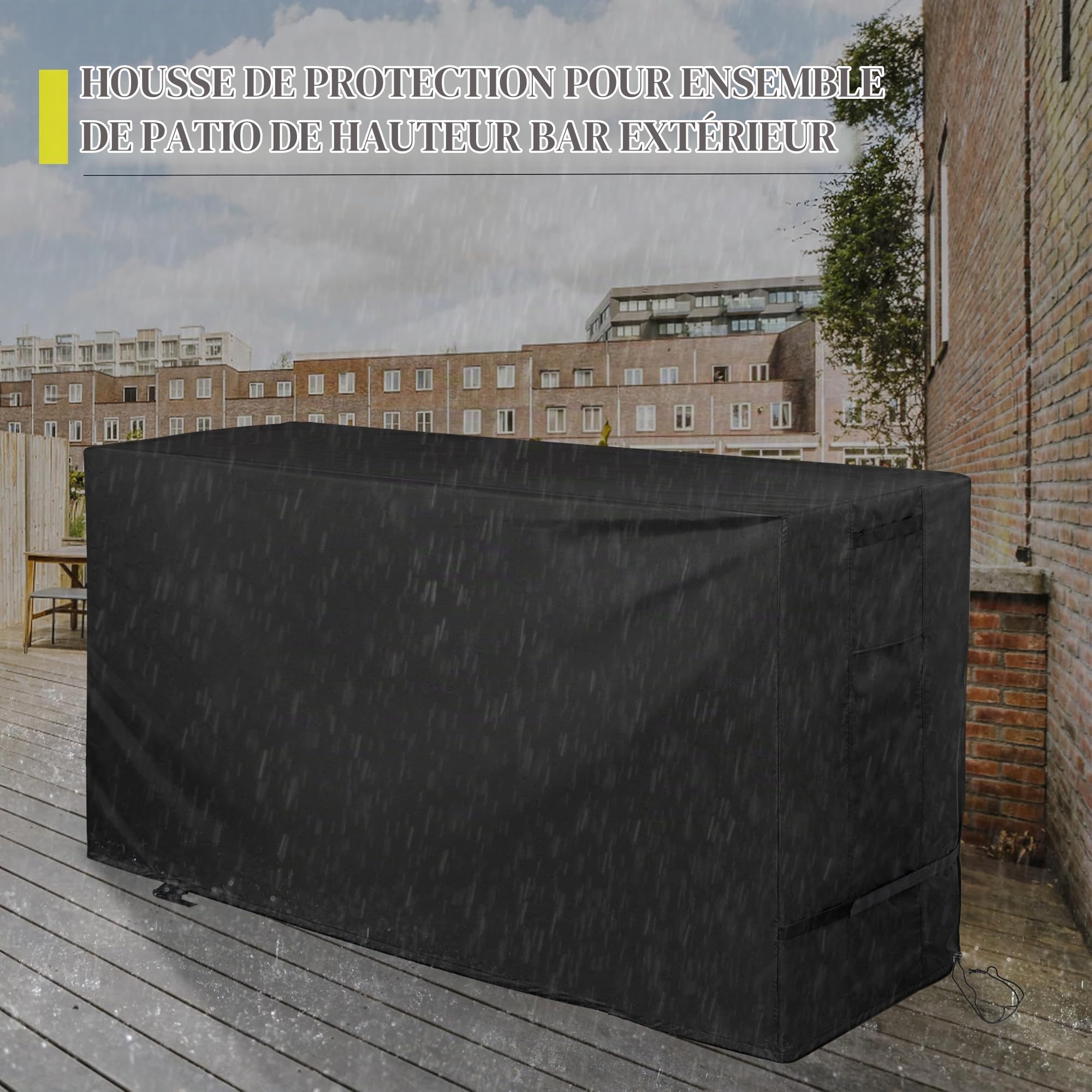 Housse de Protection pour Salon de Jardin en Tissu Oxford imperméable, Noir, Convient pour Table Haute et chaises d'extérieur 3 pièces, Ajustement personnalisé avec Cordon de Serrage et