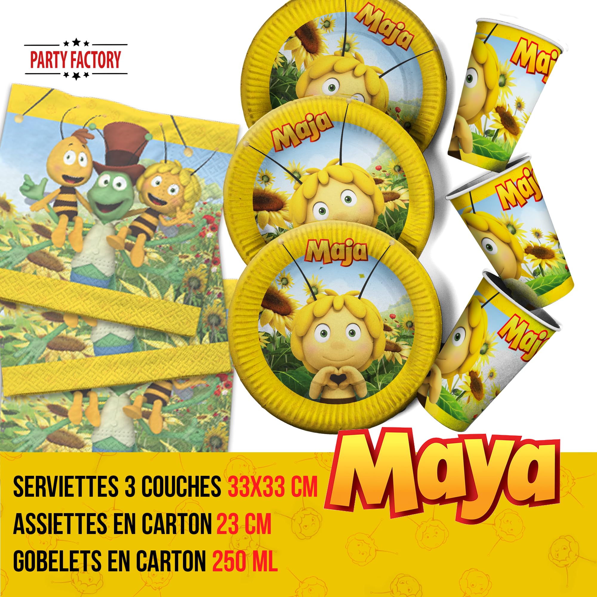 Party Factory Maja Bee Set of 8 cups, 8 plates, 20 napkins, 1 tablecloth,  1 headband, 10 party hats and 10 party bags : Amazon.com.be: Arts & Crafts