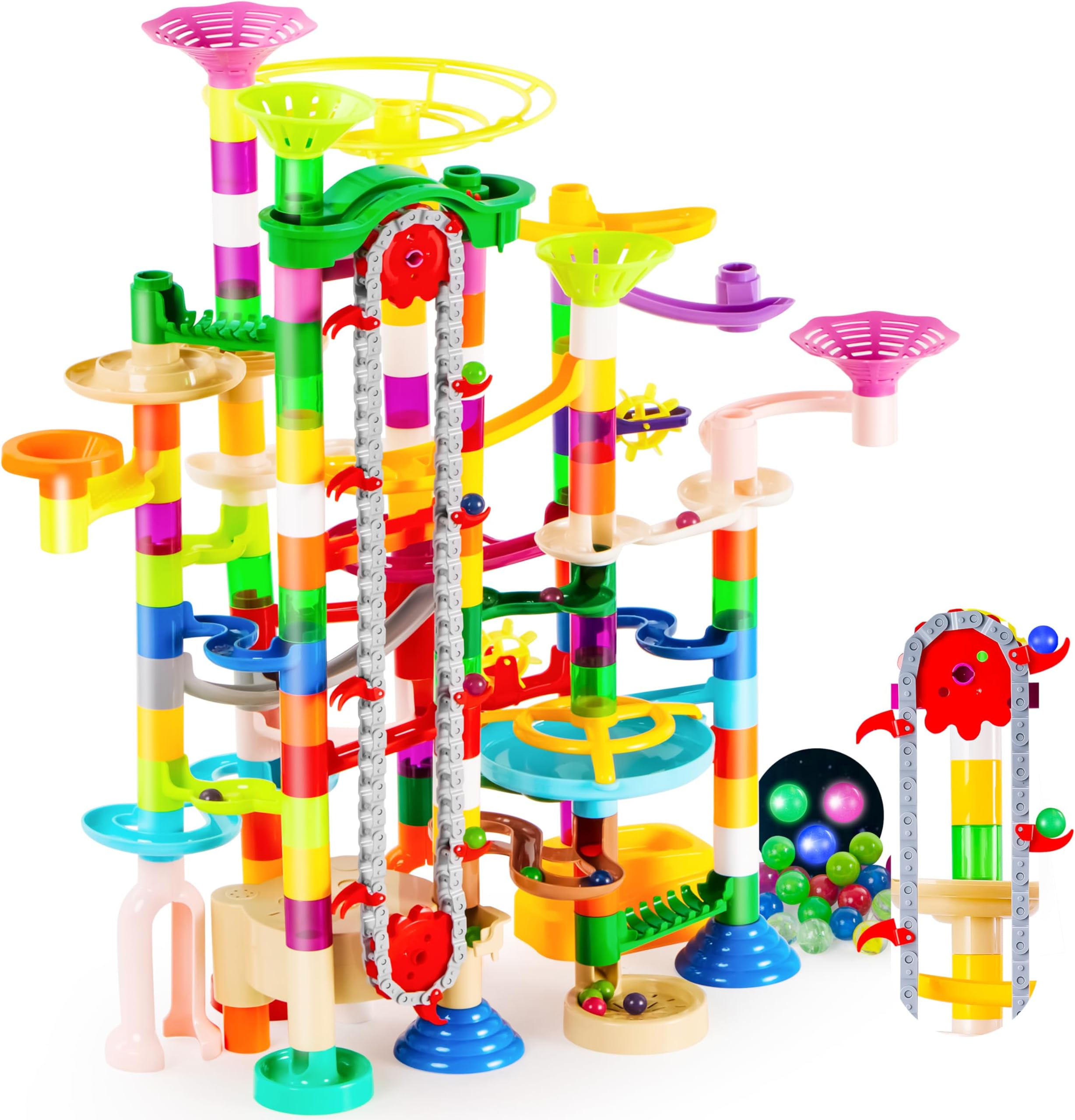 JOYIN 236 Pieces Glow Marble Run with Electric Elevator - Construction Building Blocks Toy with 15 Glow in the Dark Plastic Marbles STEM Gift for Boys and Girls, 16232, Colorful