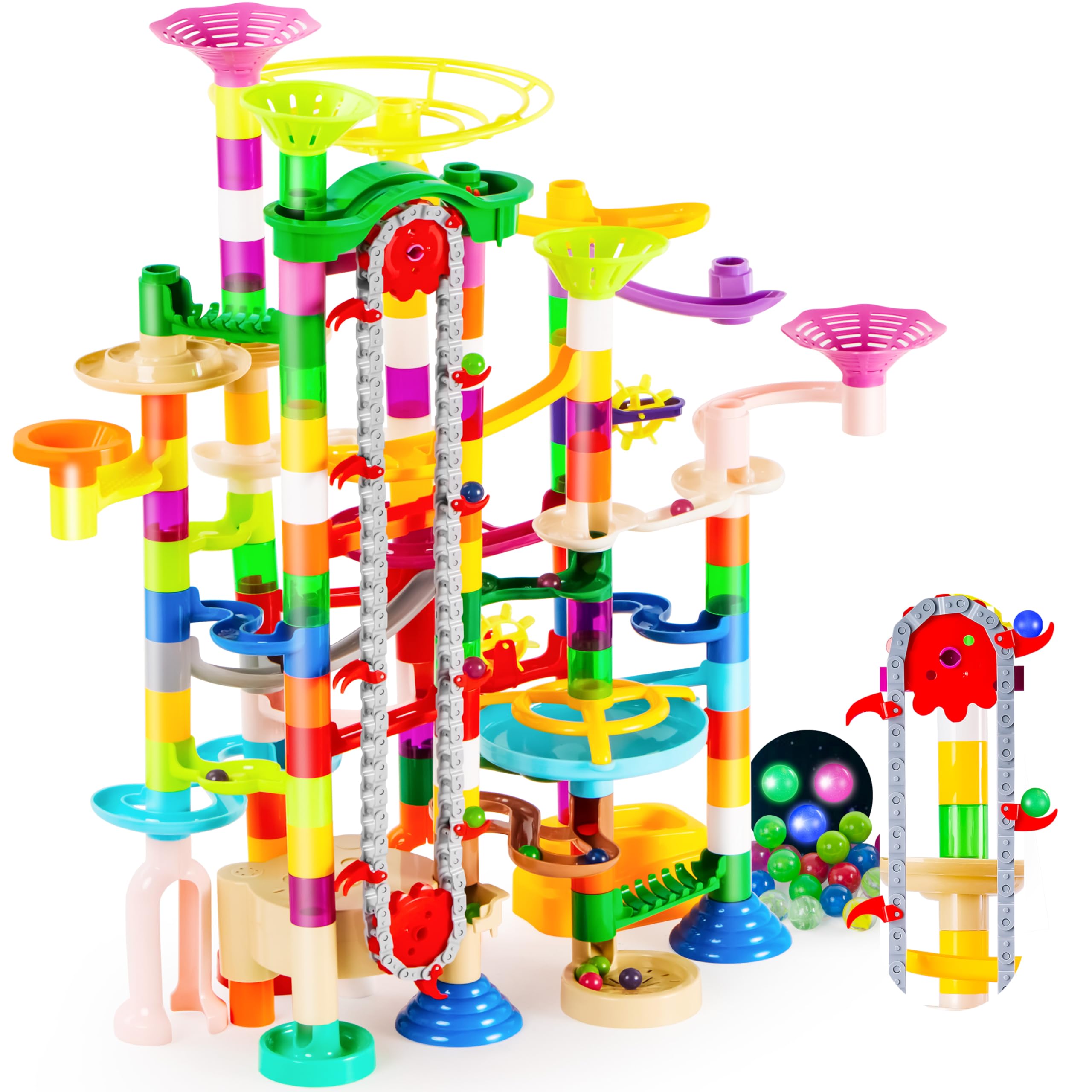 JOYIN 236 Pieces Glow Marble Run with Electric Elevator - Construction Building Blocks Toy with 15 Glow in the Dark Plastic Marbles STEM Gift for Boys and Girls, 16232, Colorful