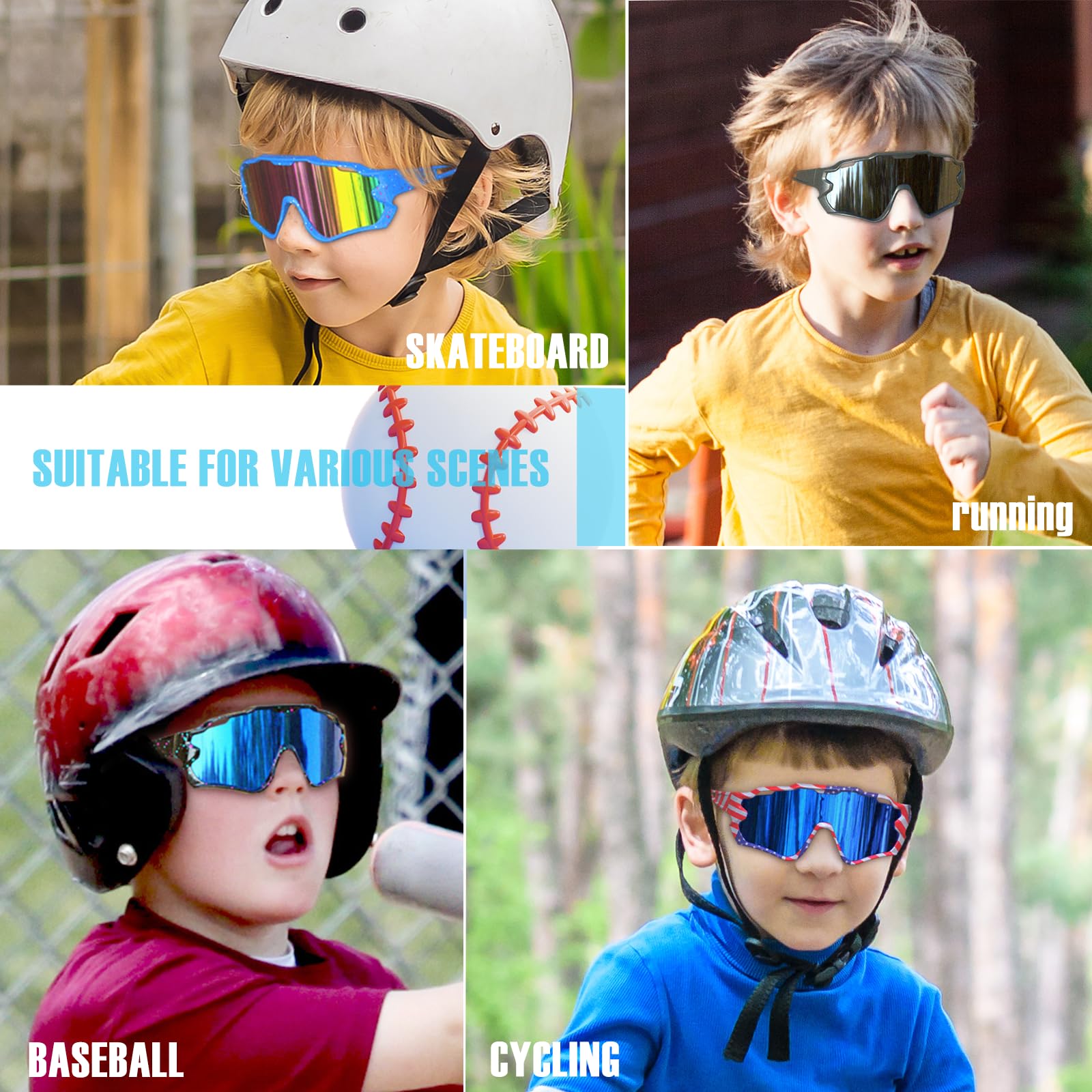 2 x Kinder-Sonnenbrille, Baseball-Sonnenbrille für 8–14 Jungen, Mädchen, UV400 Sport-Sonnenbrille zum Radfahren, Skaten, Klettern