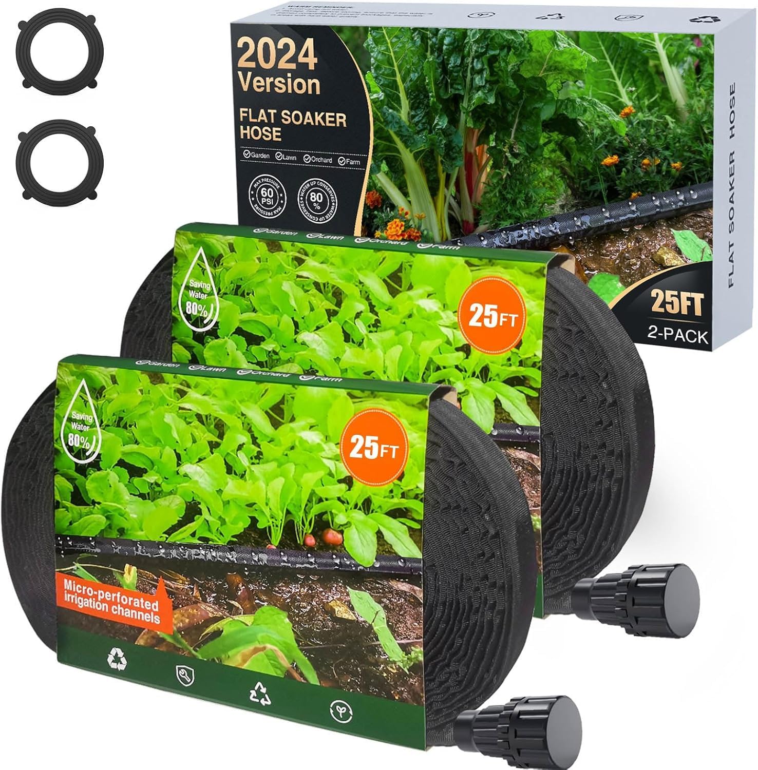 LefreeSoaker Hose 50 FT for Garden Irrigation, Soaker Hose for Lawn and Flower Beds, 2024 Upgraded Flat Soaker Hose Saves 80% Water, Flexible Durable Drip Hose for Trees, Shrubs.(25FT*2Pack)