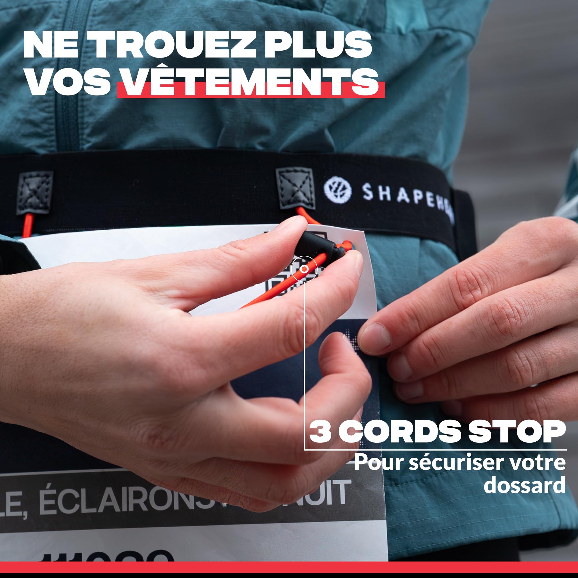 Shapeheart Ceinture Porte Dossard Running - 3 Cordons Réglables, 4 Passants Gels - sans Épingle - Crochet Clés Intégré - Marathon, Triathlon, Trail, Équitation