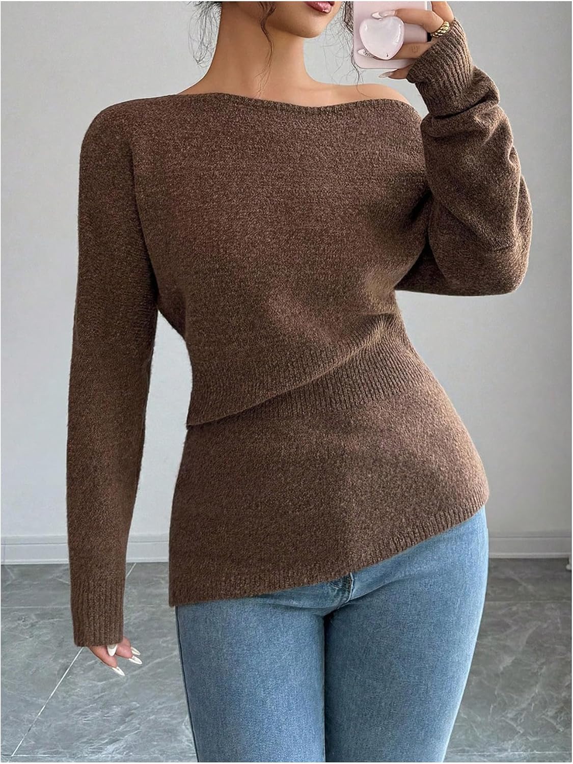 SHENHE Women's Off The Shoulder Sweater Long Sleeve Fall Knit Jumper Asymmetrical Sweater - Image 5