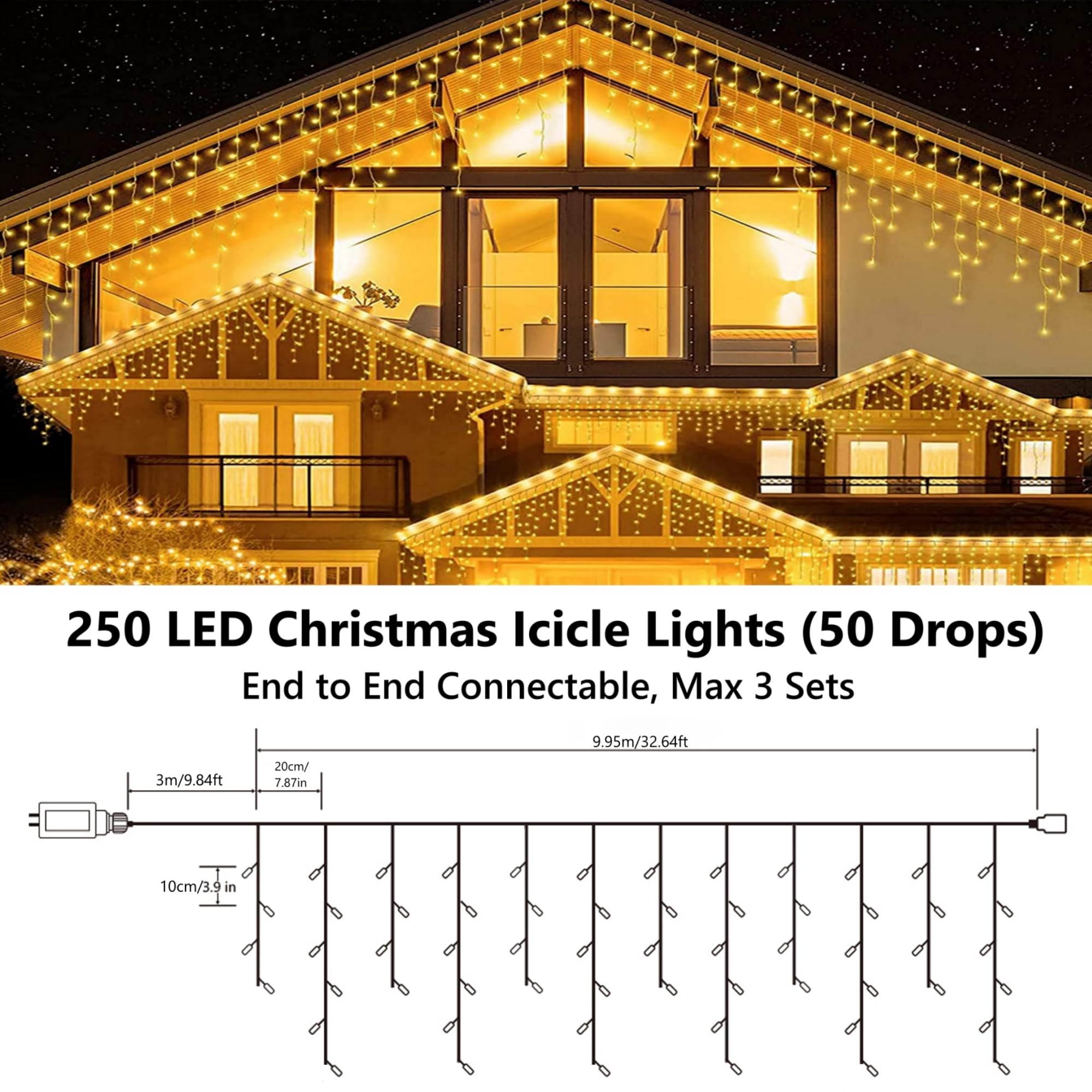 Joomer Warm White Icicle Lights Outdoor, 250 LED 9.8M Outdoor Christmas Lights Mains Powered - Image 2
