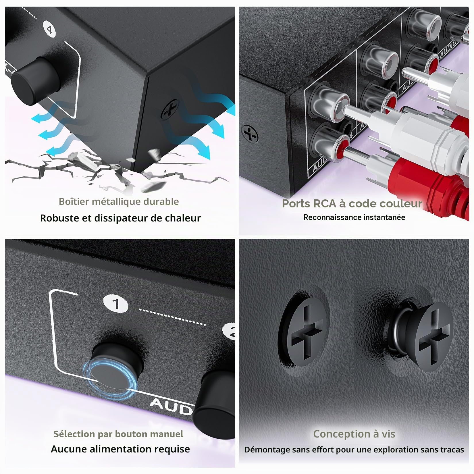BolAAzuL Commutateur Audio Stéréo RCA Bidirectionnel 4 Entrées 1 Sortie/1 Entrée 4 Sorties, Répartiteur Audio Stéréo 3.5mm Aux + RCA L/R, sans Alimentation Nécessaire, Boîte de Sélection Audio Passif