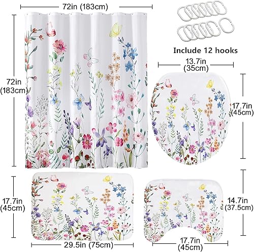 Miniatura 6 de Juego de 4 cortinas de ducha con alfombras antideslizantes, cubierta para tapa de inodoro y tapete de baño, cortinas de ducha de tela floral de 72 x