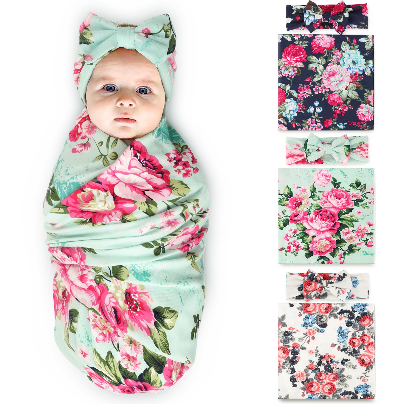 DRESHOW BQUBO 3 Sets Receiving Blanket with Headbands Newborn Baby Floral Printed Baby Shower Swaddle Gift