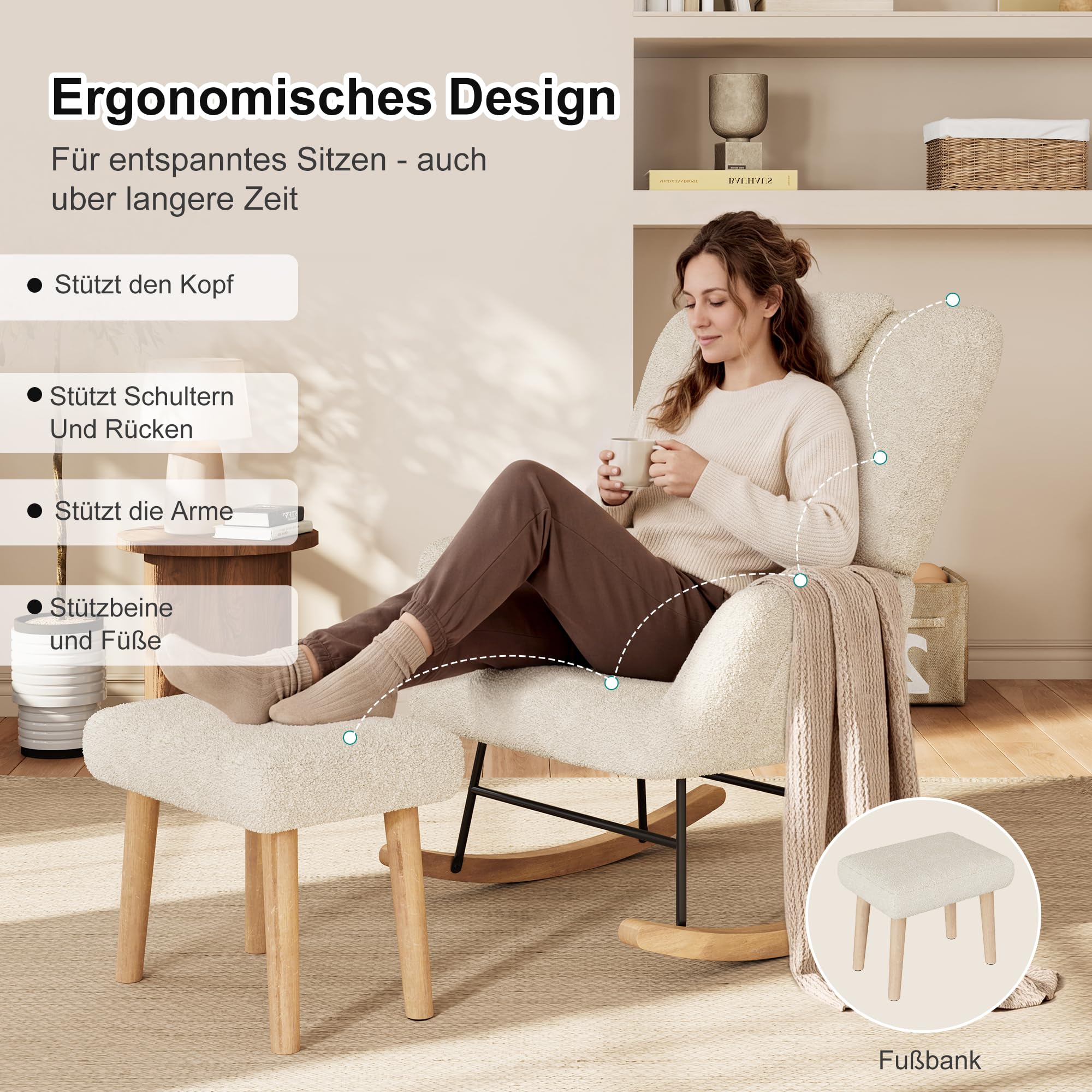 Fotel bujany z taboretem, fotel bujany Sherpa, ergonomiczny fotel do karmienia z poduszką lędźwiową i pod głowę, do salonu, pokoju dziecięcego, do 150 kg (kremowy)