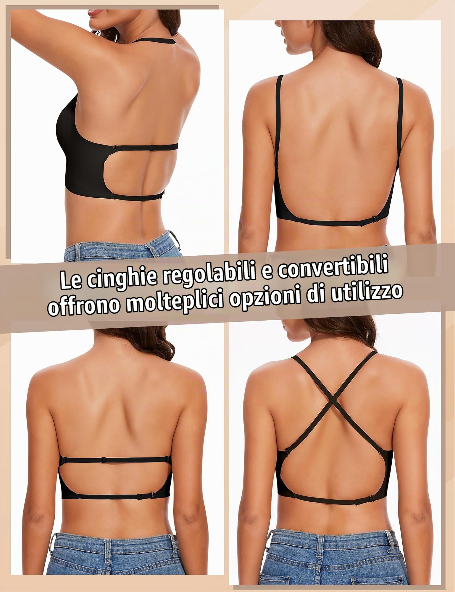 Kiiwah 2 Pezzi Reggiseno Schiena Scoperta Senza Ferretto, Reggiseno Invisibile Schiena Nuda in Seta Ghiacciata, Doux Bralette Donna, Imbottitura Rimovibile (Nero, Nudo)