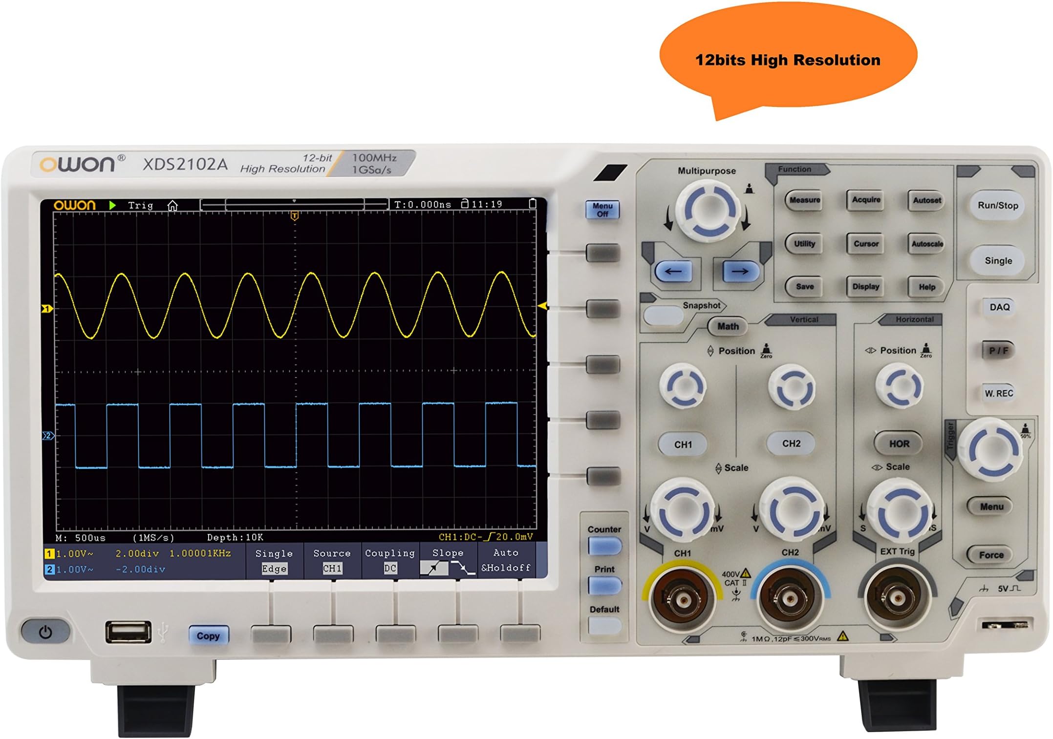 OWONXDS2102A oscilloscope 12bits high resolution 100MHz bandwidth, 1GS/s sample rate 55,000 wfms/s refresh rate standard with with VGA standard SPI/I2C/RS232/CAN serial bus decoding