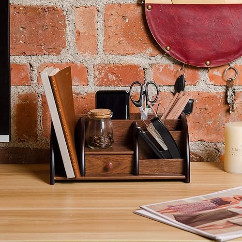 Miniatura 4 de Organizador de escritorio de madera marrón cereza, múltiples compartimentos, estantes escalonados, estante de cajón, gabinete de almacenamiento de