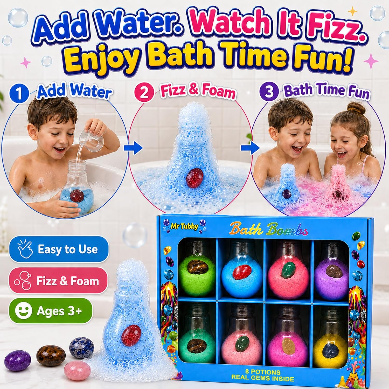 Bath Bombs for Kids, 8 Potion Bottle Bath Bombs with Random Real Gem Surprises, Fizz & Foam Bath Toy Set, Gift-Ready Bath Bombs for Boys Girls, Birthday Holiday Gifts