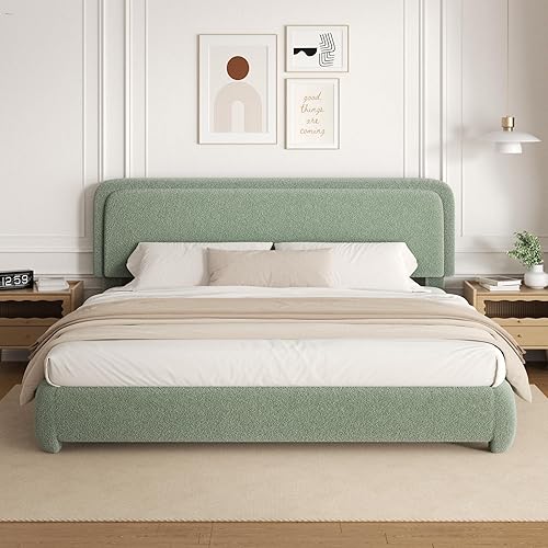 Miniatura 13 de Base de cama de tamaño Queen con plataforma de bouclé, base de cama tapizada tipo nube con cabecera ajustable, esquinas redondeadas anticolisión, no