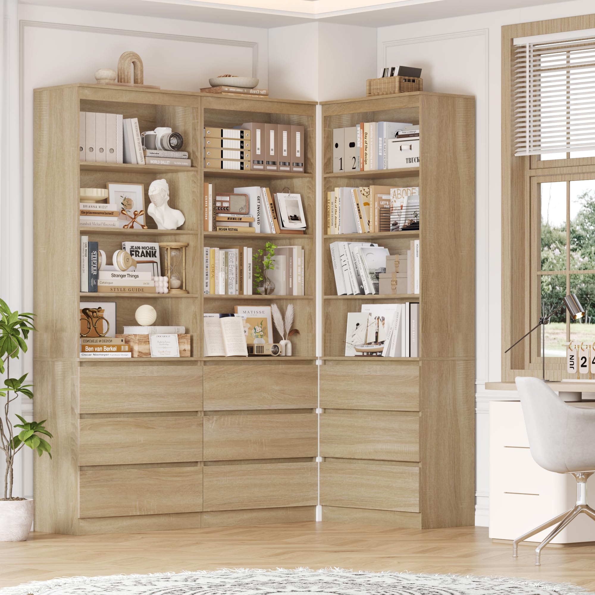 FirFurd Bibliothèque Meuble de Rangement 202cm avec Tiroirs Étagères Chêne | 202x60x35cm, 3 tiroirs fermé, Étagères réglables, Bibliotheques étagere rangement pour salon bureau, Gain de place, Moderne