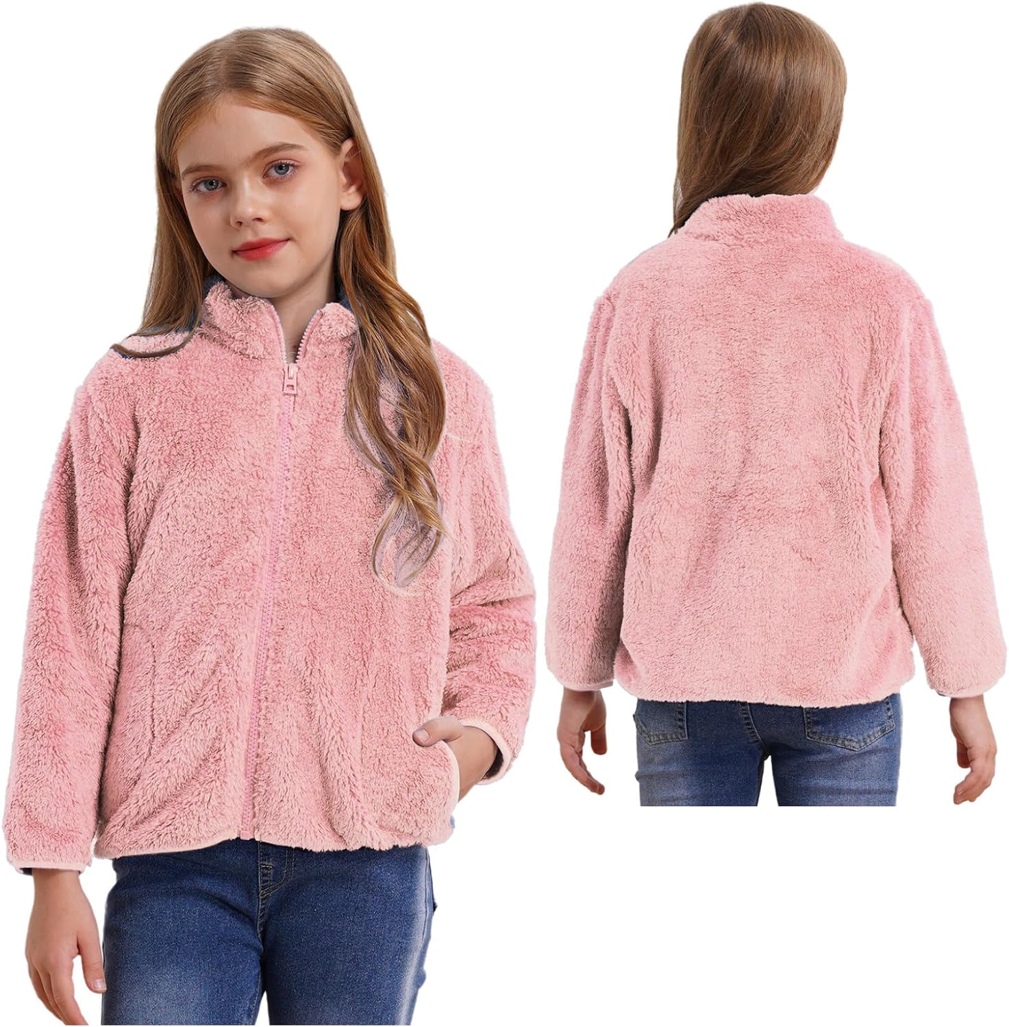 Toddler Girls Stand Collar Warm Outerwear Zipper Closure Polar Fleece Jacket Casual Tops Long Sleeve Winter Coat