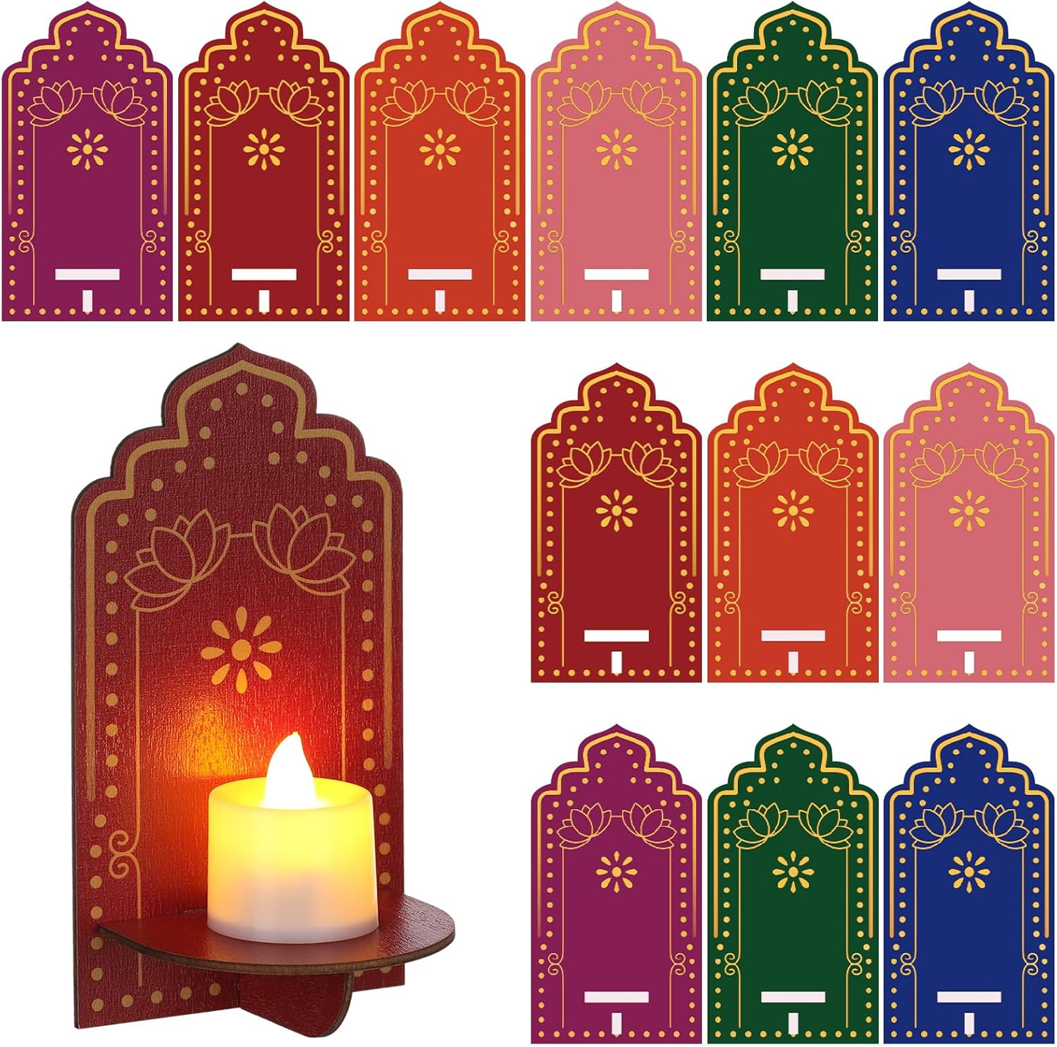 Yerliker 12 Pack Diwali Wall Decor for Home Lotus Wooden Candle Holder for Wall Indian Pooja Items 2.8 x 4 ‘'jharokha Rangoli Tea Light Diya Holder Deepavali Decoration Festive Home DIY Craft