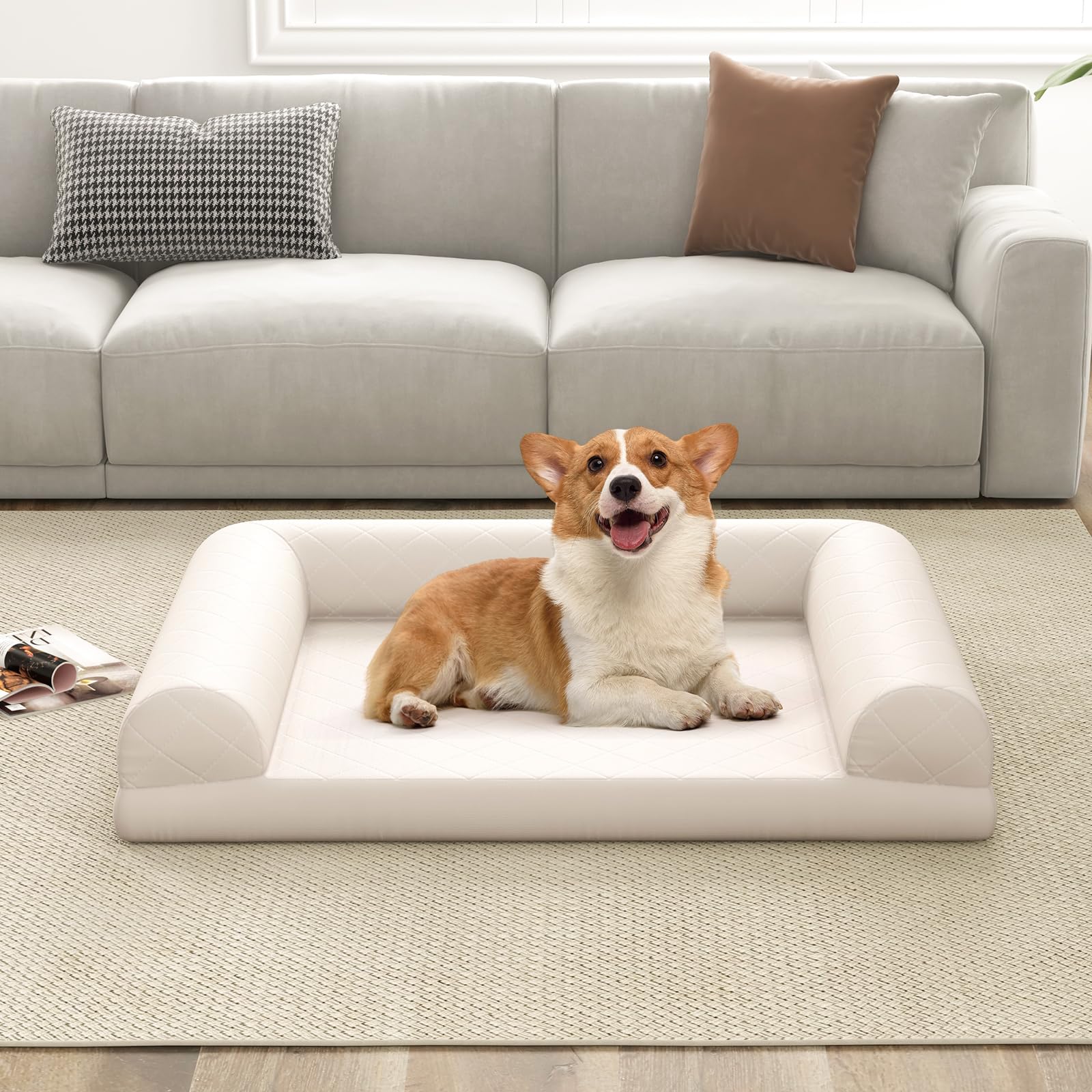 COSTWAY Cama Perros Medianos y Pequeños, 90x69x18 cm, Cama Ortopédica para Perros con Espuma de Huevo y Cojín de 3 Lados, Base Antideslizante, Sofá para Mascotas, Desenfundable y Lavable (Beige)