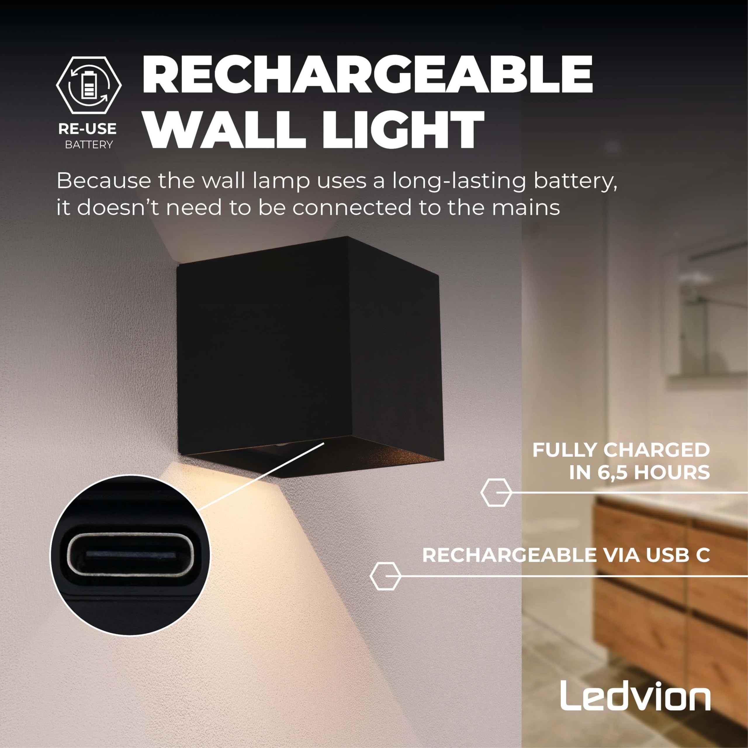 Ledvion - 2x Lampada da Parete LED Ricaricabile USB con Sensore di Movimento, Nera, Senza Fili, Luce Calda 2700K, 170 Lumen, Batteria 4400mAh, IP44, Applique LED da Parete per Interni