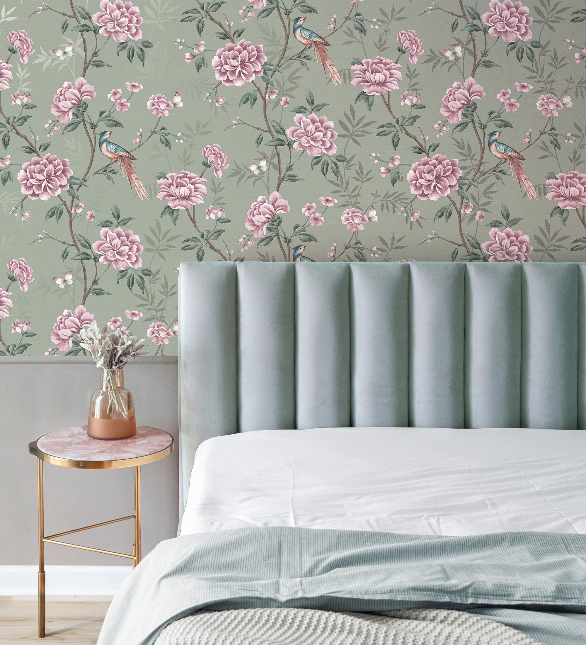GAULAN 681988 - Papel pintado de pájaros y flores fondo texturizado efecto fibra vegetal verde para pared salón cocina baño dormitorio comedor - Rollo de 10 m x 0,52 m