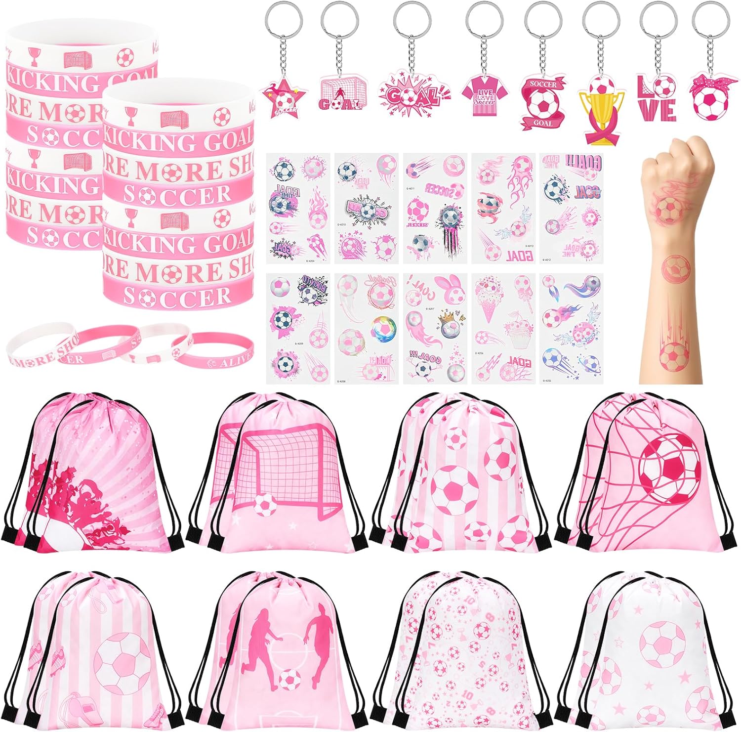 49 Pcs Pink Soccer Party Favors Sets, Drawstring Goodie Bags Snack Treat Candy Bags Silicone Wristband Soccer keychains Tattoo Sticker, Pink Sports Team Gifts Birthday Party Supplies for Women