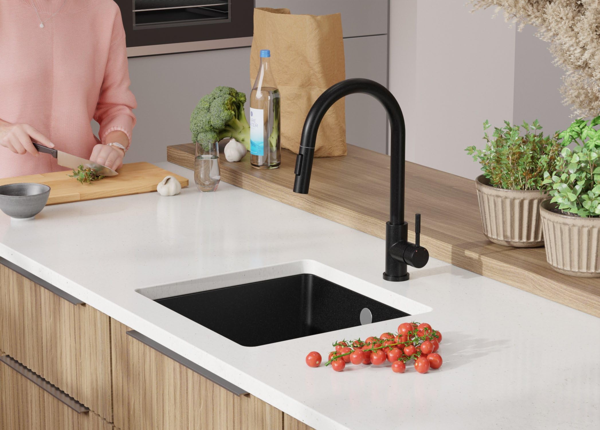 PRIMAGRAN Evier sous Plan Noir - Venise, 46x44cm | Evier en Granit 1 Bac + Robinet 38x14cm + Zuberhor-Set, Évier au Meuble 50cm (S053)