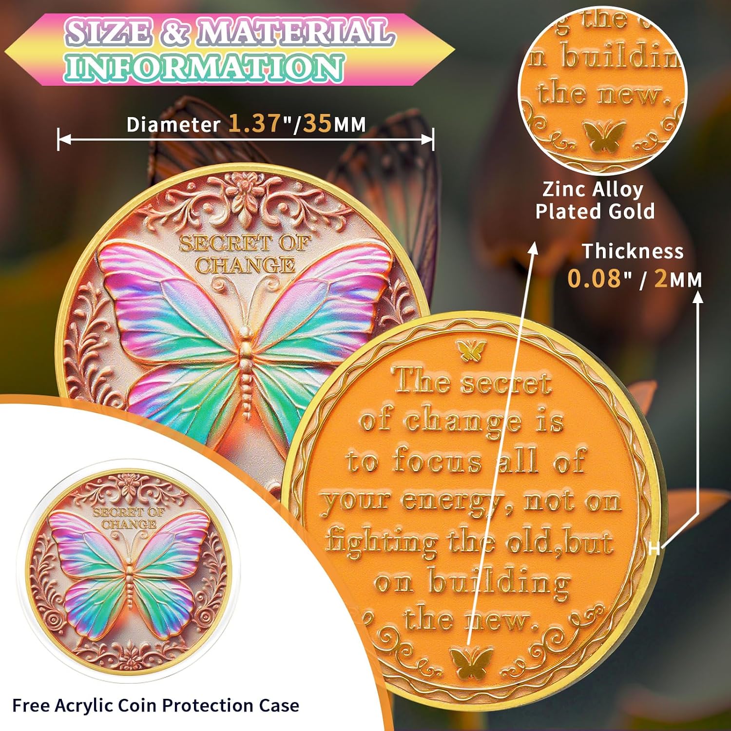 Exquisite Butterfly Sobriety Coin, Secret of Change Recovery Medallion, Clean NA AA Chip - Non-Religious Sobriety Gift for Women