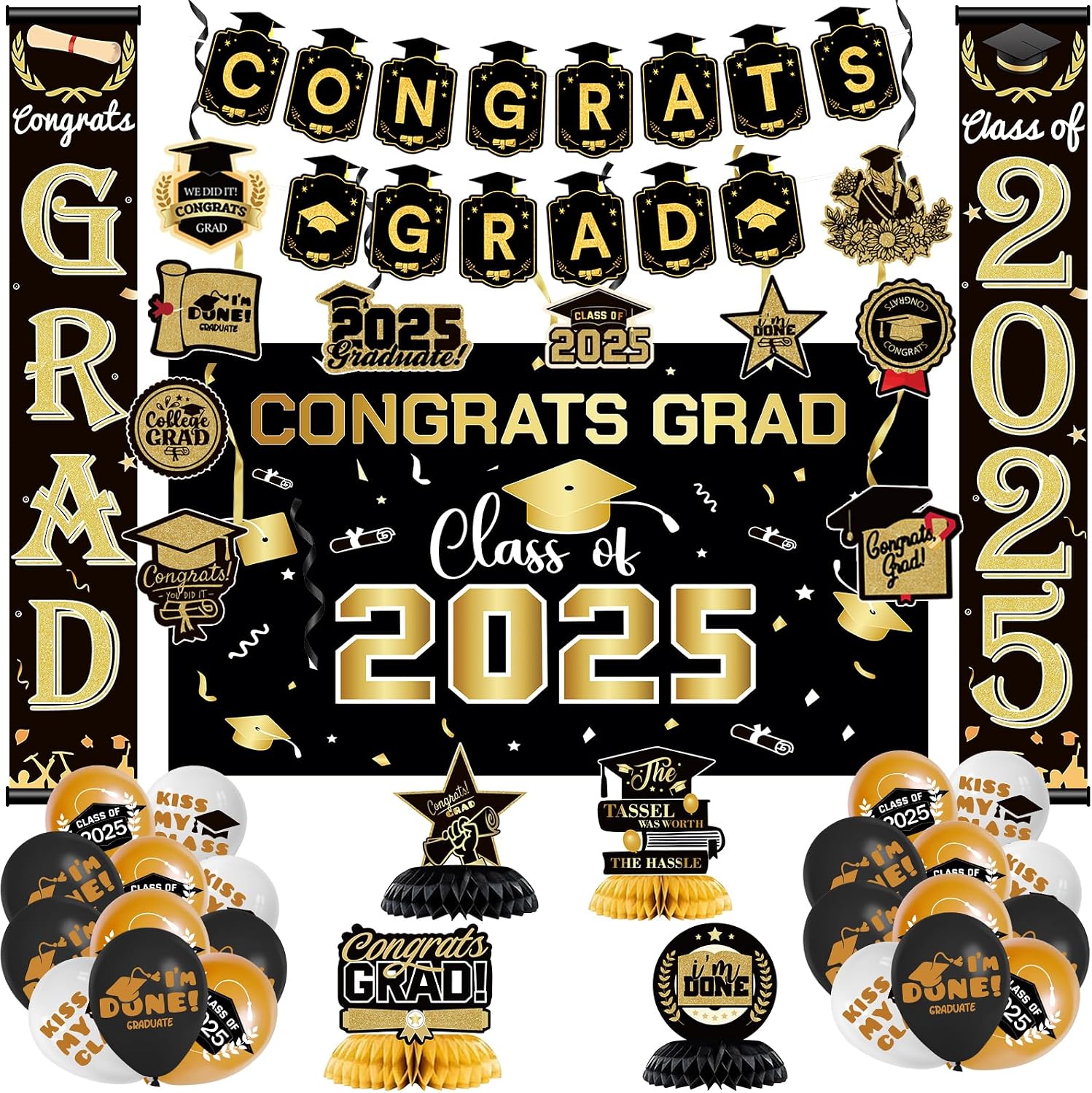 Amazon.com: Graduation Decorations Class of 2025 - Black and Gold ...
