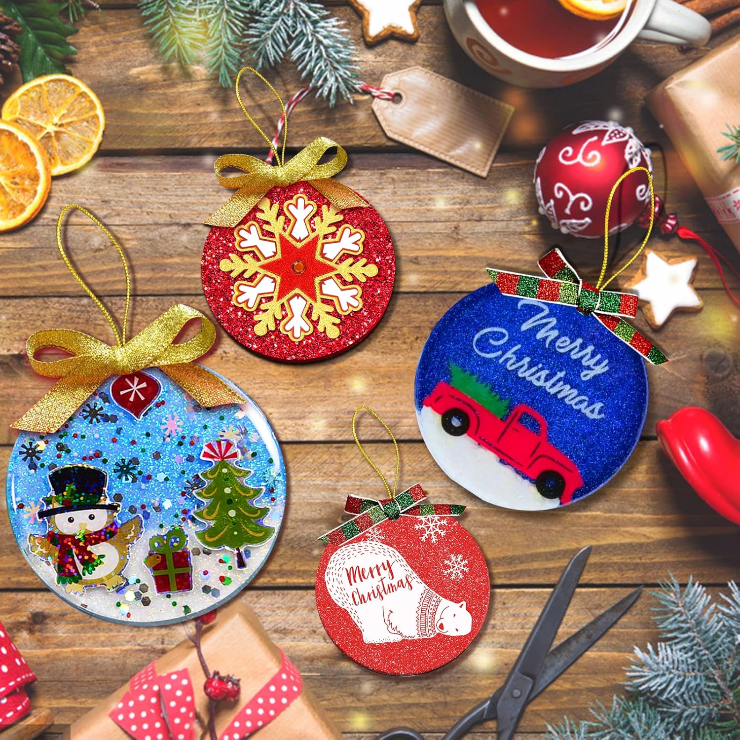 Juome Christmas Ornaments Resin Molds Silicone, 4 Pcs Round Shape Pendant Christmas Molds for Epoxy Resin, DIY Crafts Keychain Making Christmas Tree Decorations