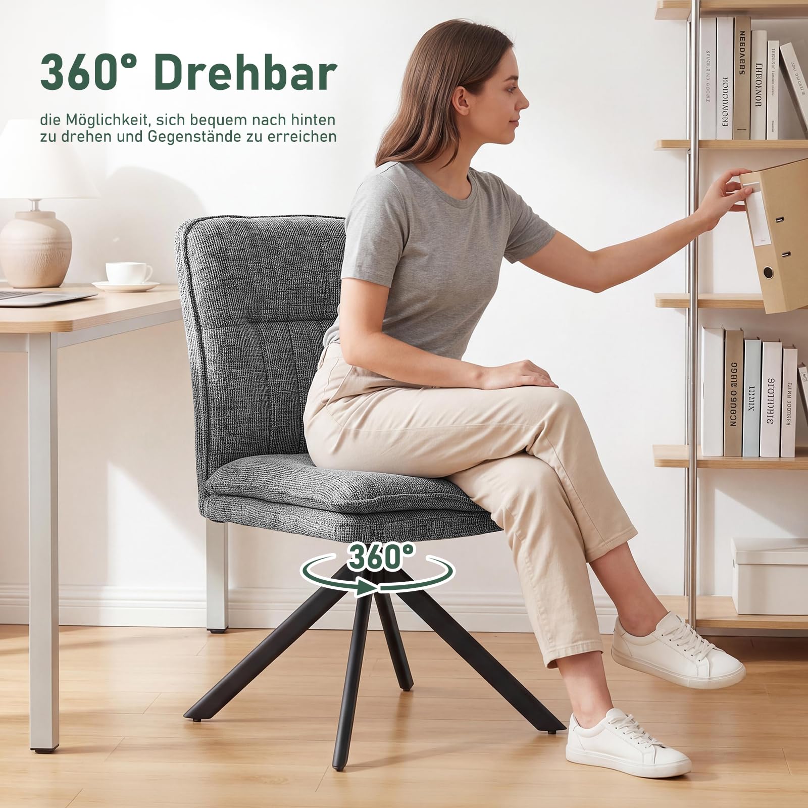 2er Set 360° Drehbar Esszimmerstühle Grau, Ohne Armlehnen, Doppelte Polsterung & Bogen-Rückenlehne, Chenille mit Drehfunktion & justierbaren Bodenschonern, Moderne Esszimmerstühle