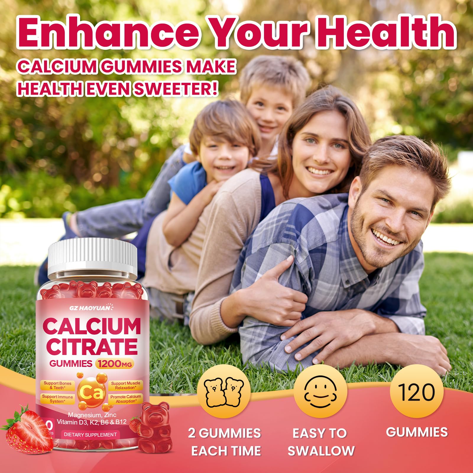 Calcium Citrate Gummies - 1200mg Calcium Gummies Supplements for Women & Men with Vitamin D3, K2, Magnesium, Zinc High Absorption for Muscle & Immune Support, Strawberry Flavor, 120 Count — Amazon image 3