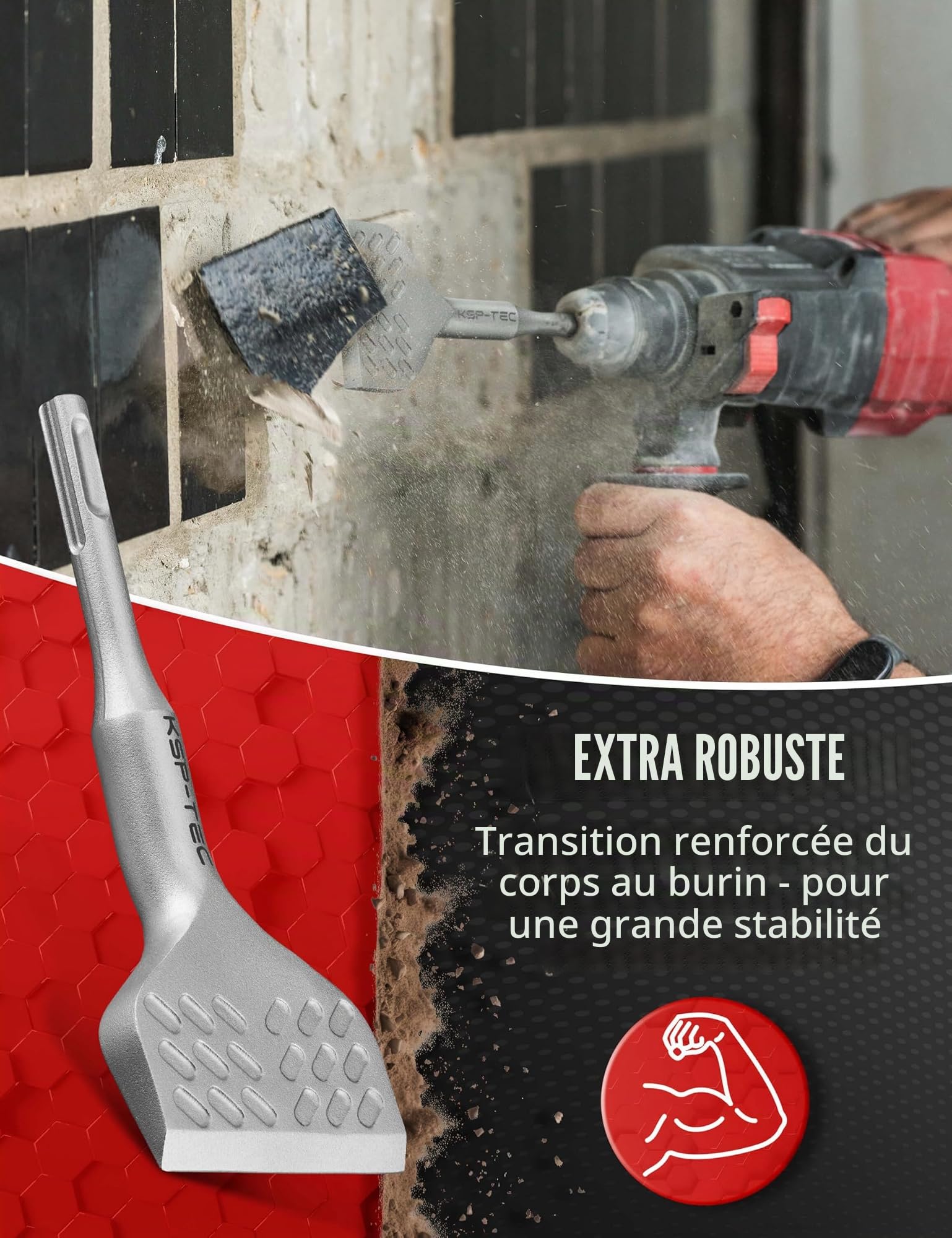 KSP-TEC - Burin à carrelage SDS Plus 75 mm x 165 mm coudé à 20° – Géométrie idéale pour enlever les carreaux et la colle à carrelage (burin SDS Plus)
