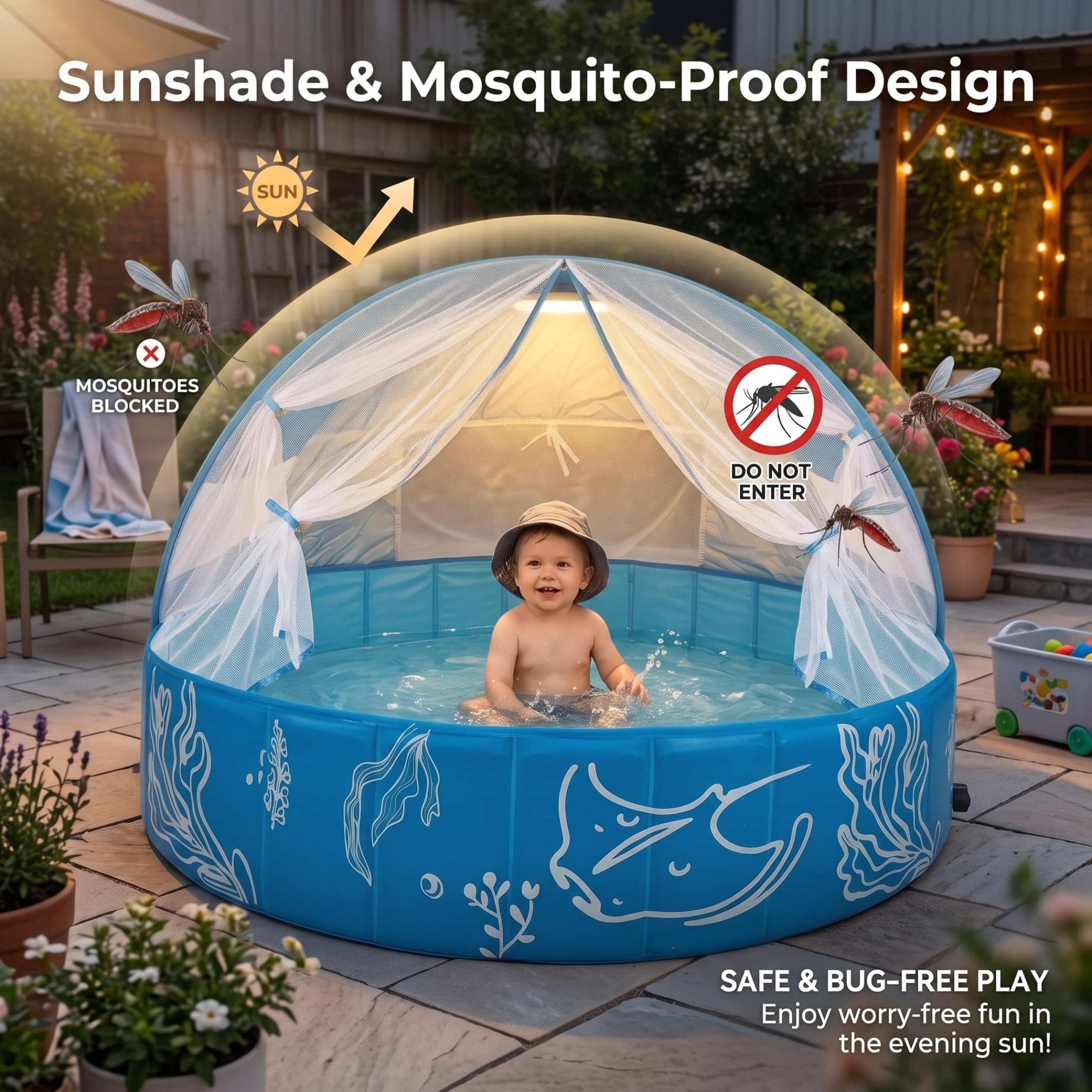 Piscine pour Enfants avec auvent, pataugeoire Pliable protégée Contre Les UV, Bleue