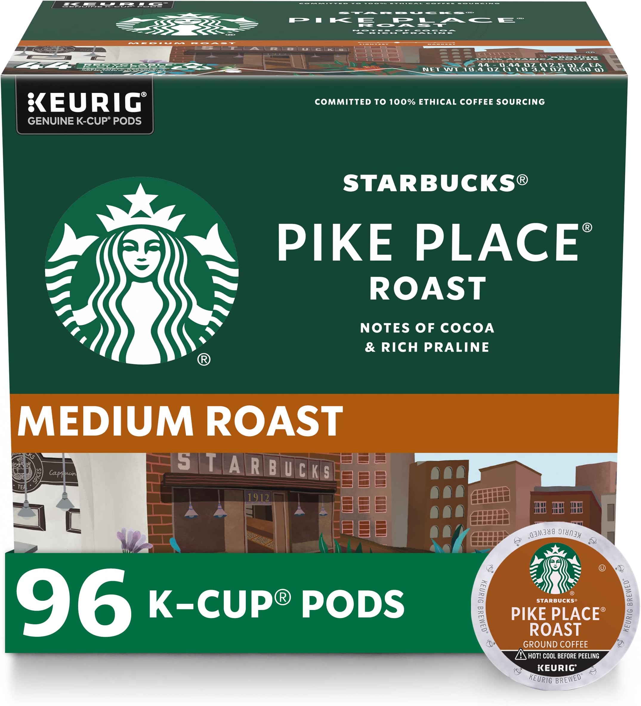 Starbucks K-Cup Coffee Pods, Medium Roast Hot or Iced Coffee, Pike Place Roast, 96 Keurig Pods ​