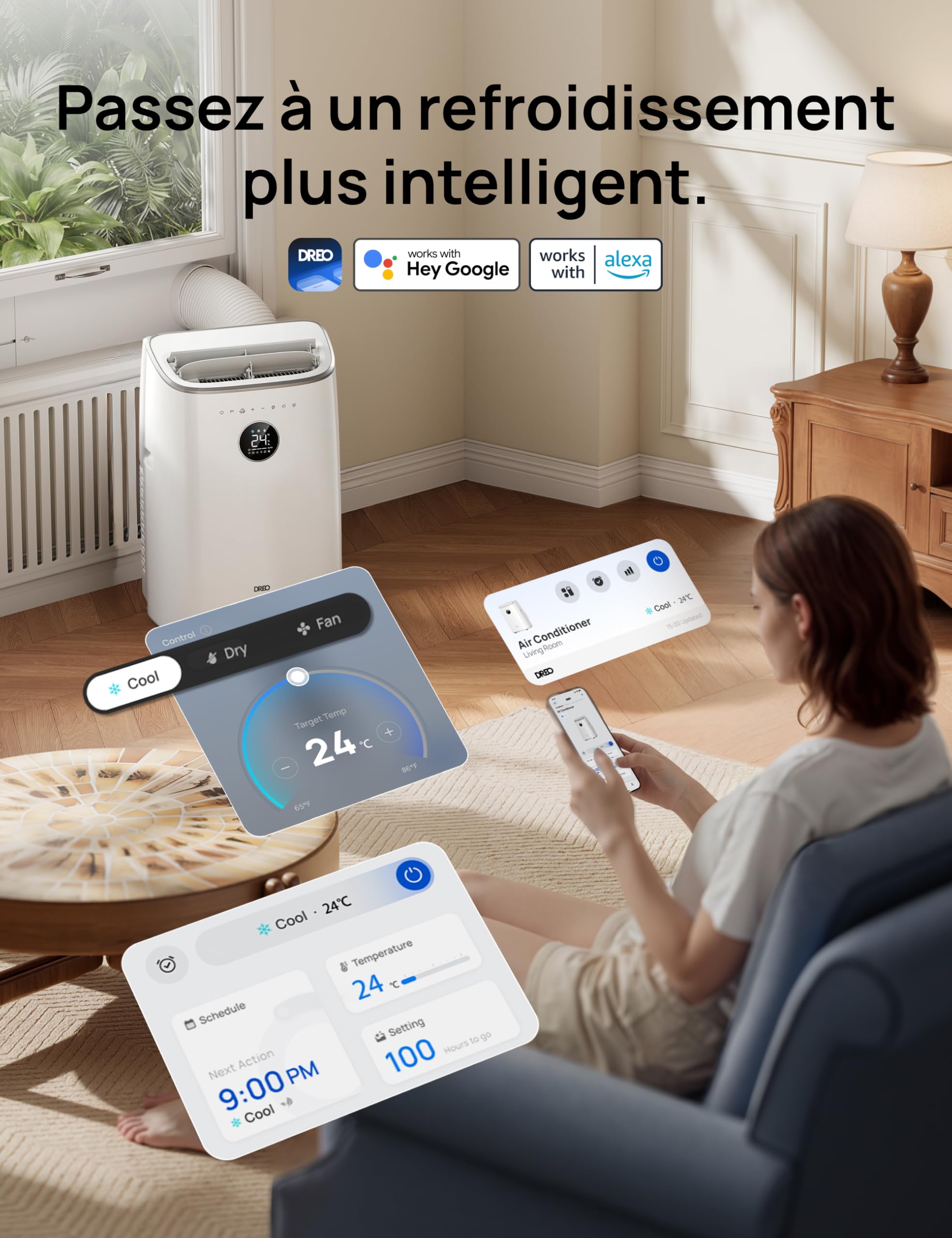 DREO climatiseur mobile 7500 BTU 3-en-1 refroidissement/ventilation/déshumidification, silencieux pour chambre ou bureau, contrôle par app et voix, sans drainage, kit fenêtre, 2,5 L/h, AC318S