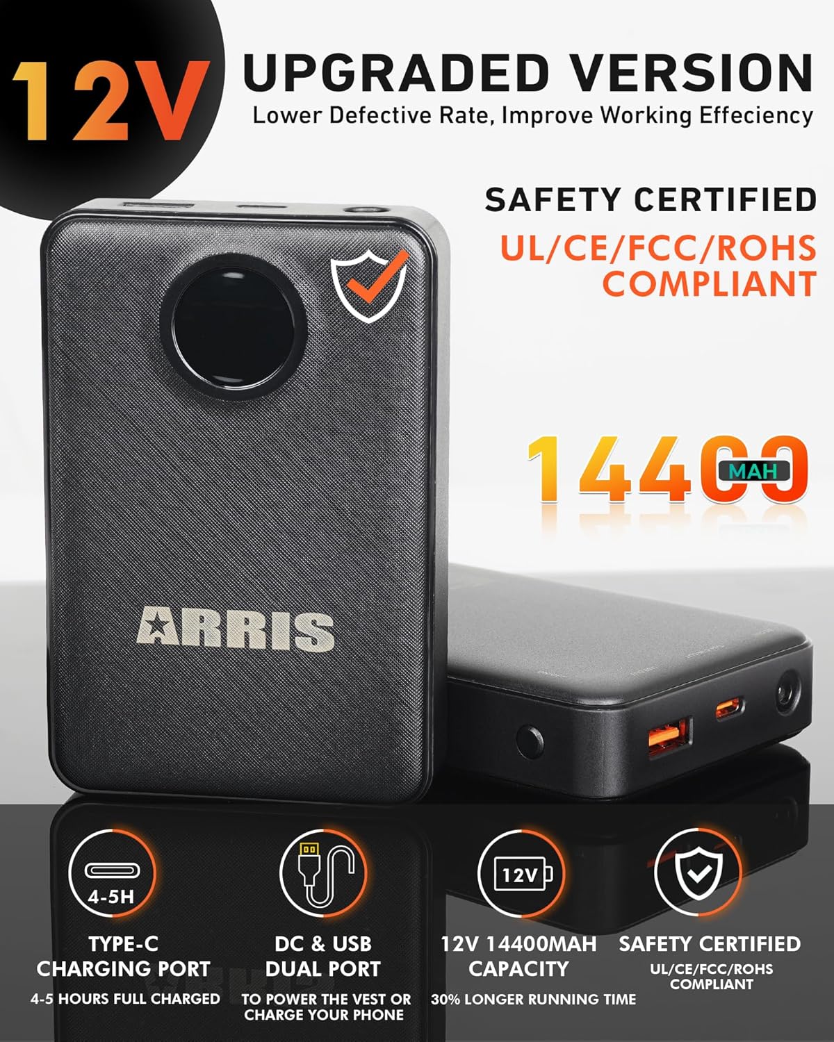 ARRIS Men`s Heated Jacket, Electric Heating Coat with Battery and Detachable Hood - Waterproof, 8 Heating Areas - Image 5