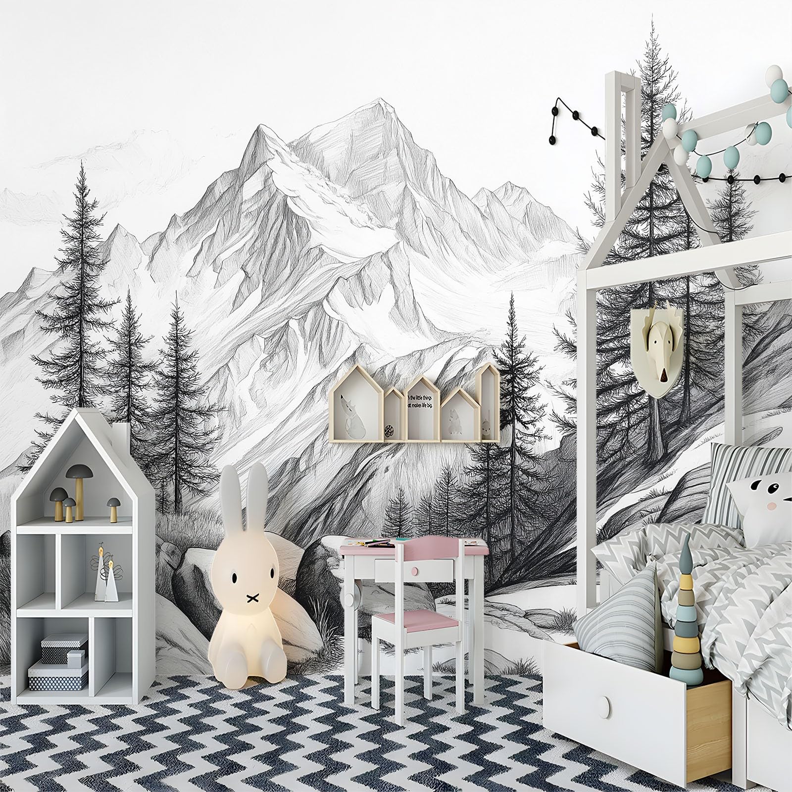 Carta da parati fotografica con disegno a matita di montagne e alberi, stile paesaggio naturale, 300 x 210 cm (larghezza x altezza), grande poster per soggiorno, camera da letto, sfondo TV