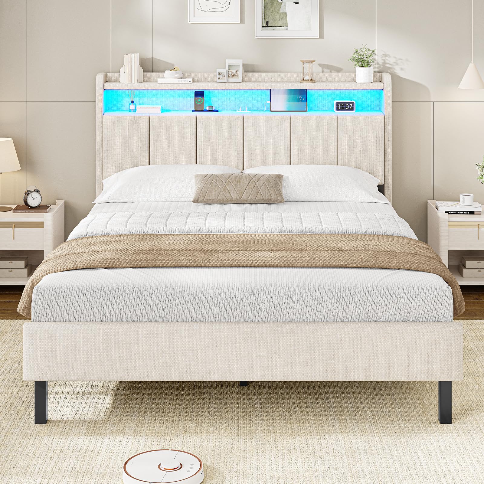 AGOLLATI Polsterbett 140x200 mit LED & Ladestation Bett 140×200 mit Stauraum unter dem Bett, Jugendbett Bettgestell mit Lattenrost aus Holz Doppelbett mit Weich Gepolstertem Kopfteil