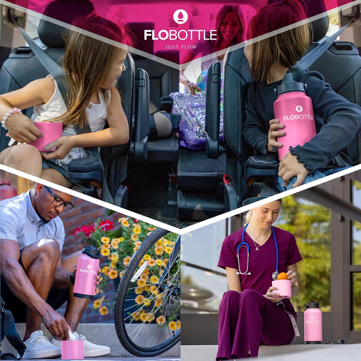 28 oz Water Bottle With Storage Bundle Pack | Chugger With Articulating Lid & Soft Handle + 3 Pack Staw & Cleaner + EZ Grip Flexible Boot + EZ Grip Flexible Protective Neck (Blissful Pink)