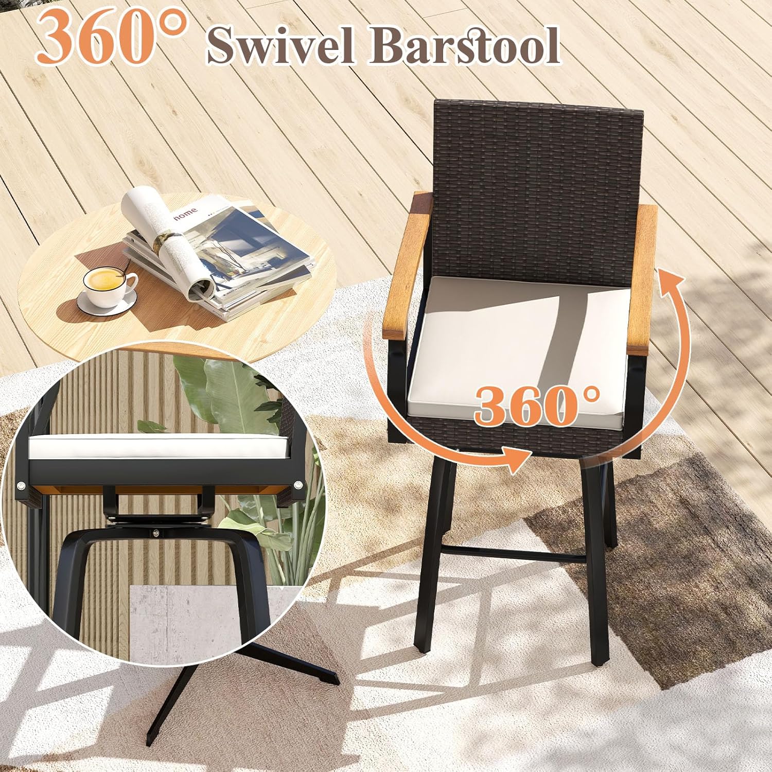 COSTWAY Outdoor Bar Stools Set of 2, 29'' Swivel Rattan Wicker High Top Chairs with Acacia Wood Armrest, Cushions and Backrest, Patio Bar Height Chairs for Poolside, Backyard, Deck (2)