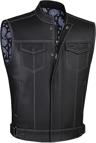 Miniatura 19 de SOA - Chaleco de motocicleta para hombre, piel de búfalo de alta calidad, armadura trasera, bolsillos interiores, chalecos de club de motociclista,