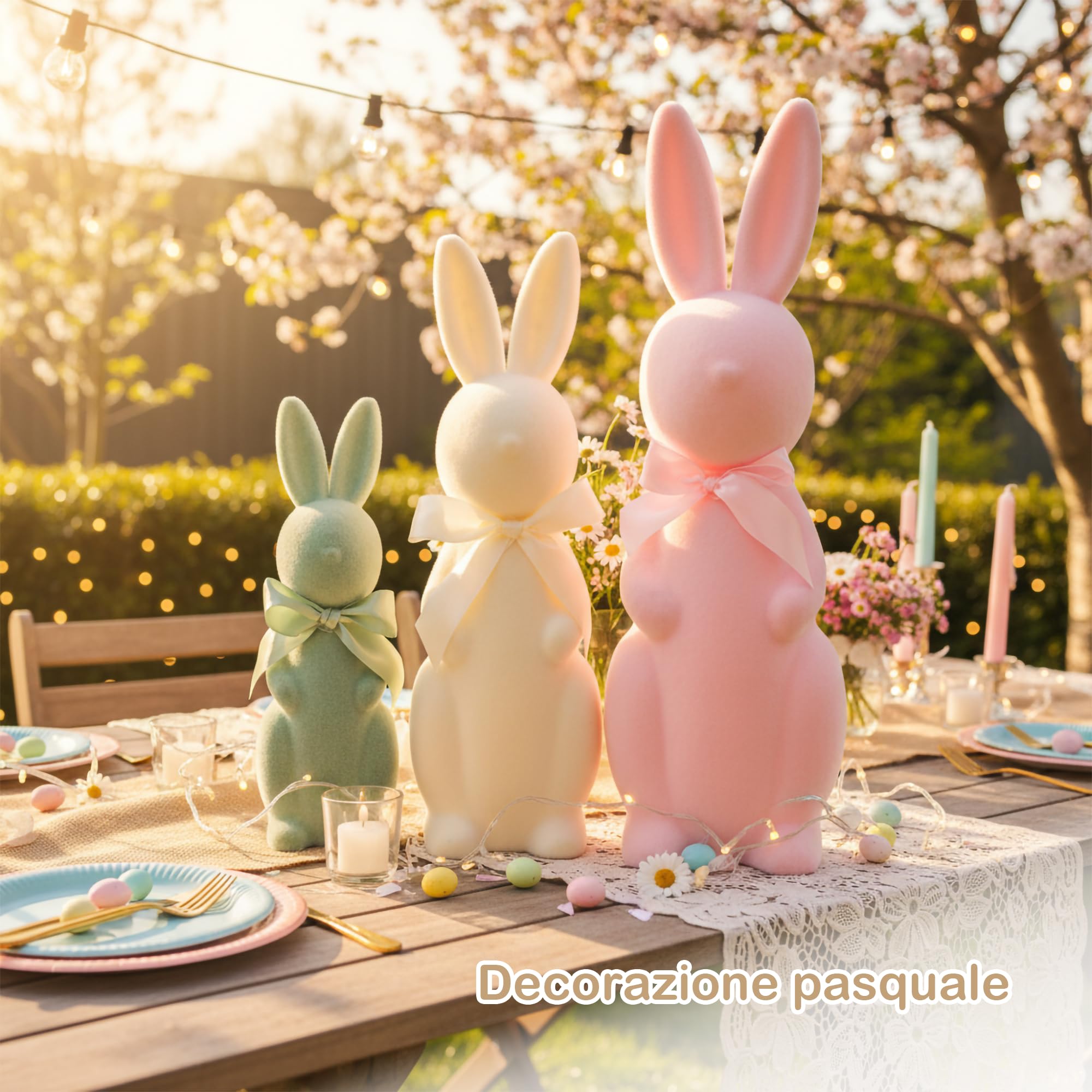 Lanpn Set di 3 Conigli Pasquali Floccati con Papillon, Statuette Pastello per Decorazioni da Tavolo, Mensole e Casa, Decorazioni Primaverili (Rosa Beige Verde)