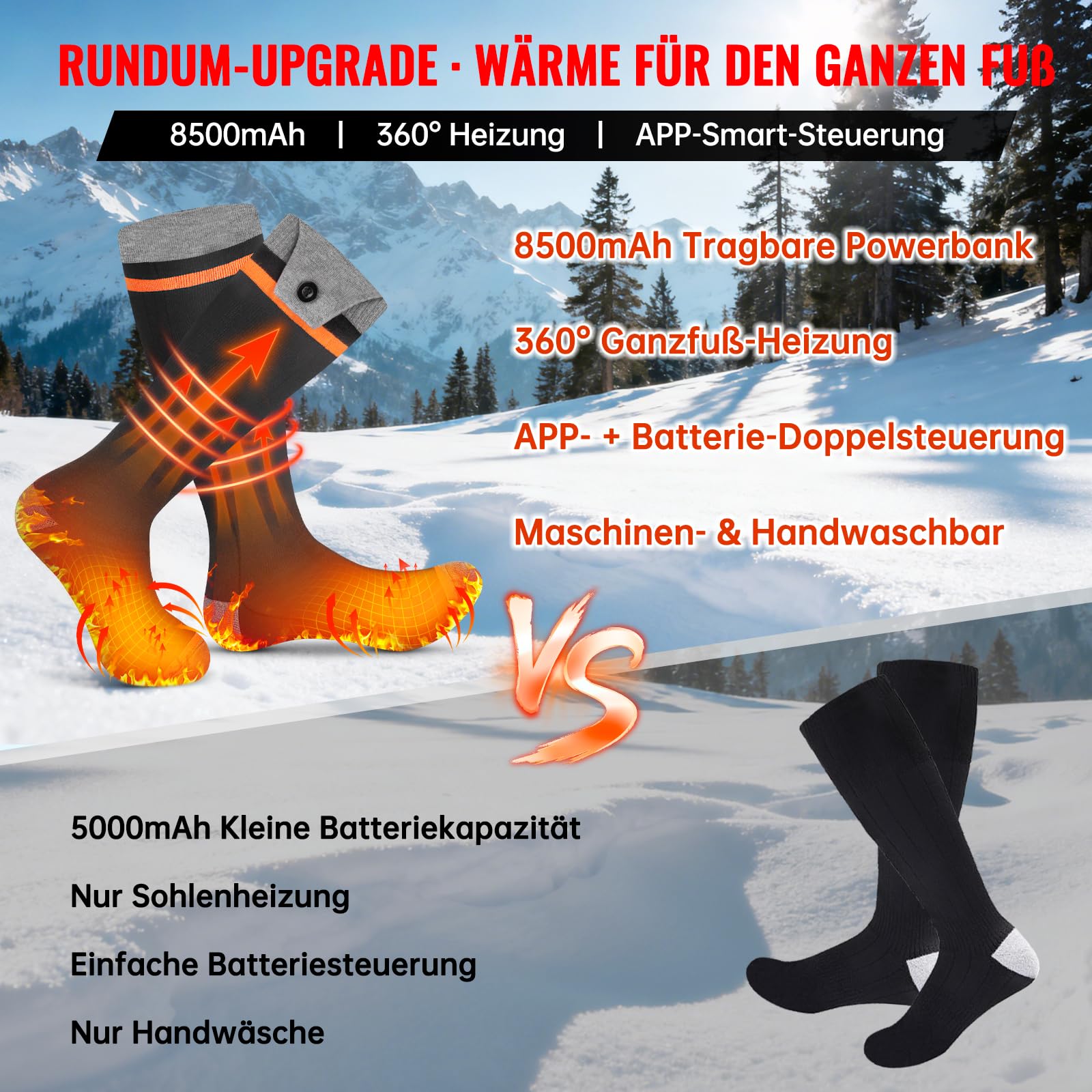 YOOHBERRYS Beheizte Socken, Elektrisch Beheizbare Socken mit 8500mAh Wiederaufladbarer Akku, APP-Fernbedienung bis zu 70°C, Heizsocken Warme Skisocken für Jagd, Wandern, Camping, Skifahren