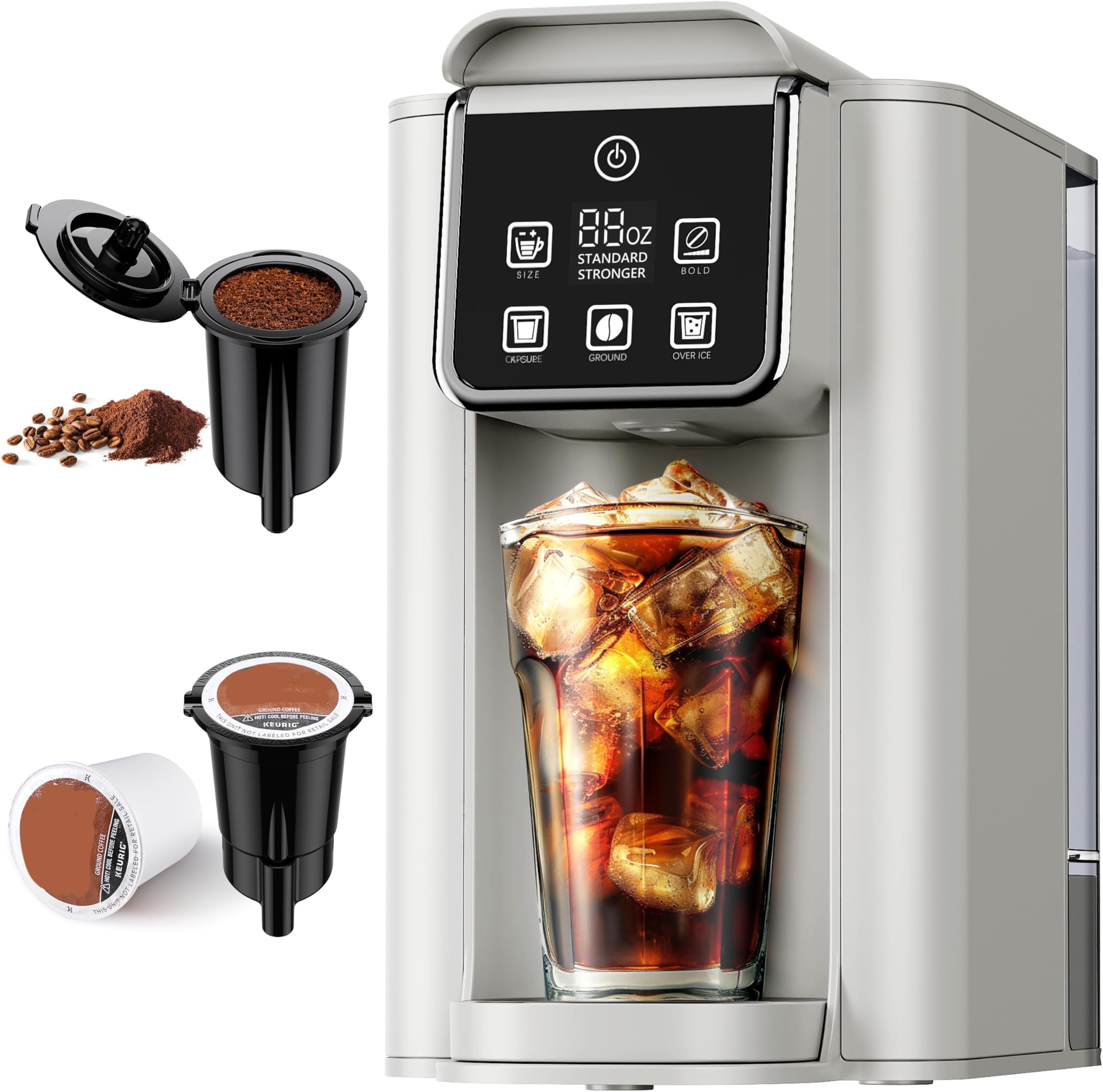 Single Serve Coffee Maker for K Cup and Grounds, 6-14 Oz Brew Sizes, 50 Oz Removable Water Tank, One Cup Coffee Machine with Reusable Filter, Off White