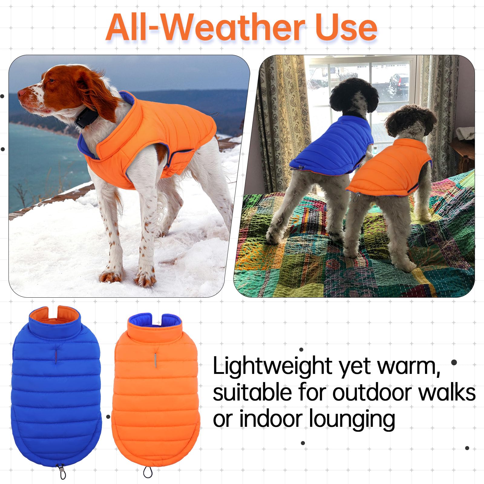 Lelepet Abrigo cálido para perro, abrigo de invierno reversible para perro, chaleco acolchado resistente al viento, chaleco de invierno ligero para perro con adhesivo mágico, abrigo para perros